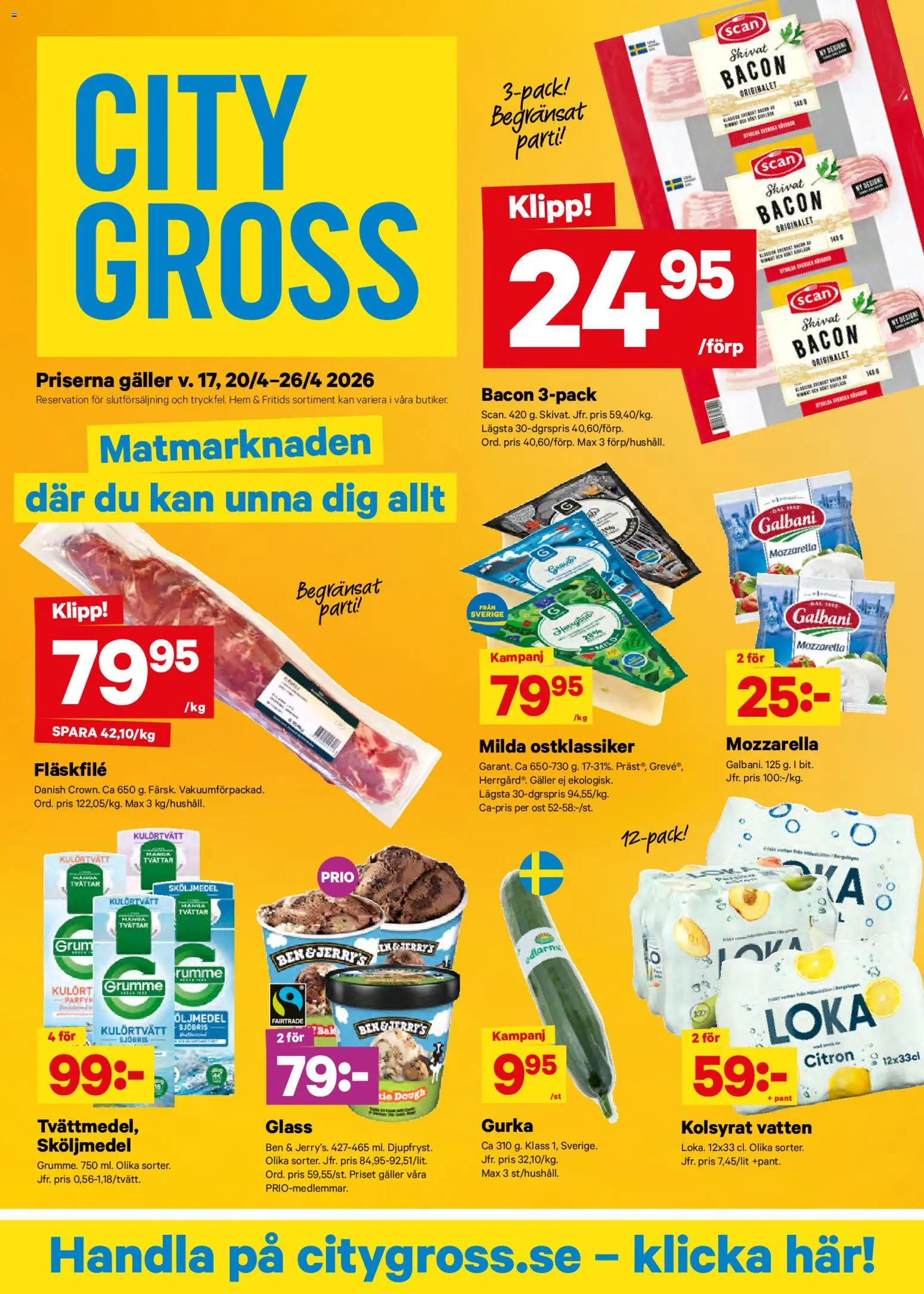 City Gross reklamblad aktuell från 20.04.2026 | Sida: 1 | Produkter: Bacon, Ost, Glass, Gurka