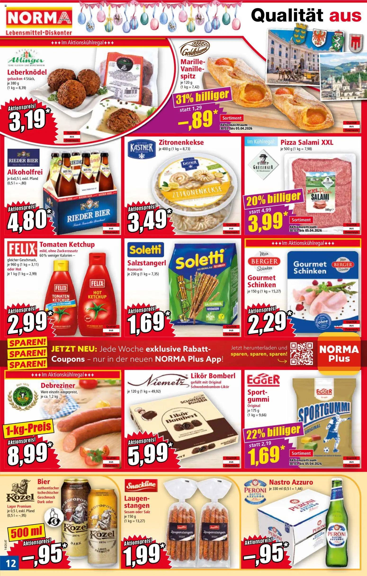 Norma Flugblatt gültig ab 30.03.2026 | Seite: 12 | Produkte: Salz, Salami, Pizza, Bier