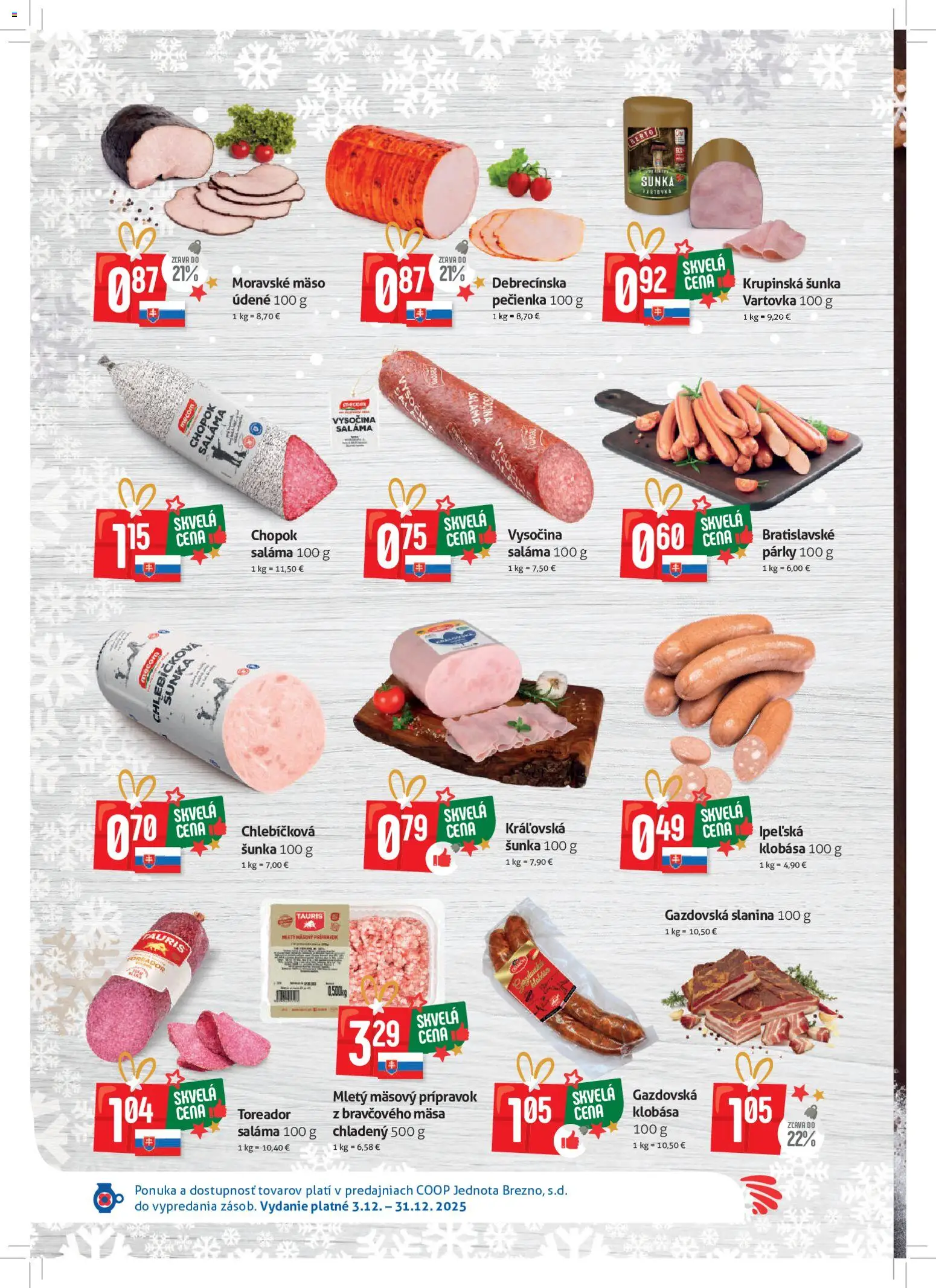 Nové COOP Jednota akcie – leták je platný od 03.12.2025 | Strana: 2 | Produkty: Saláma, Šunka, Klobása, Párky
