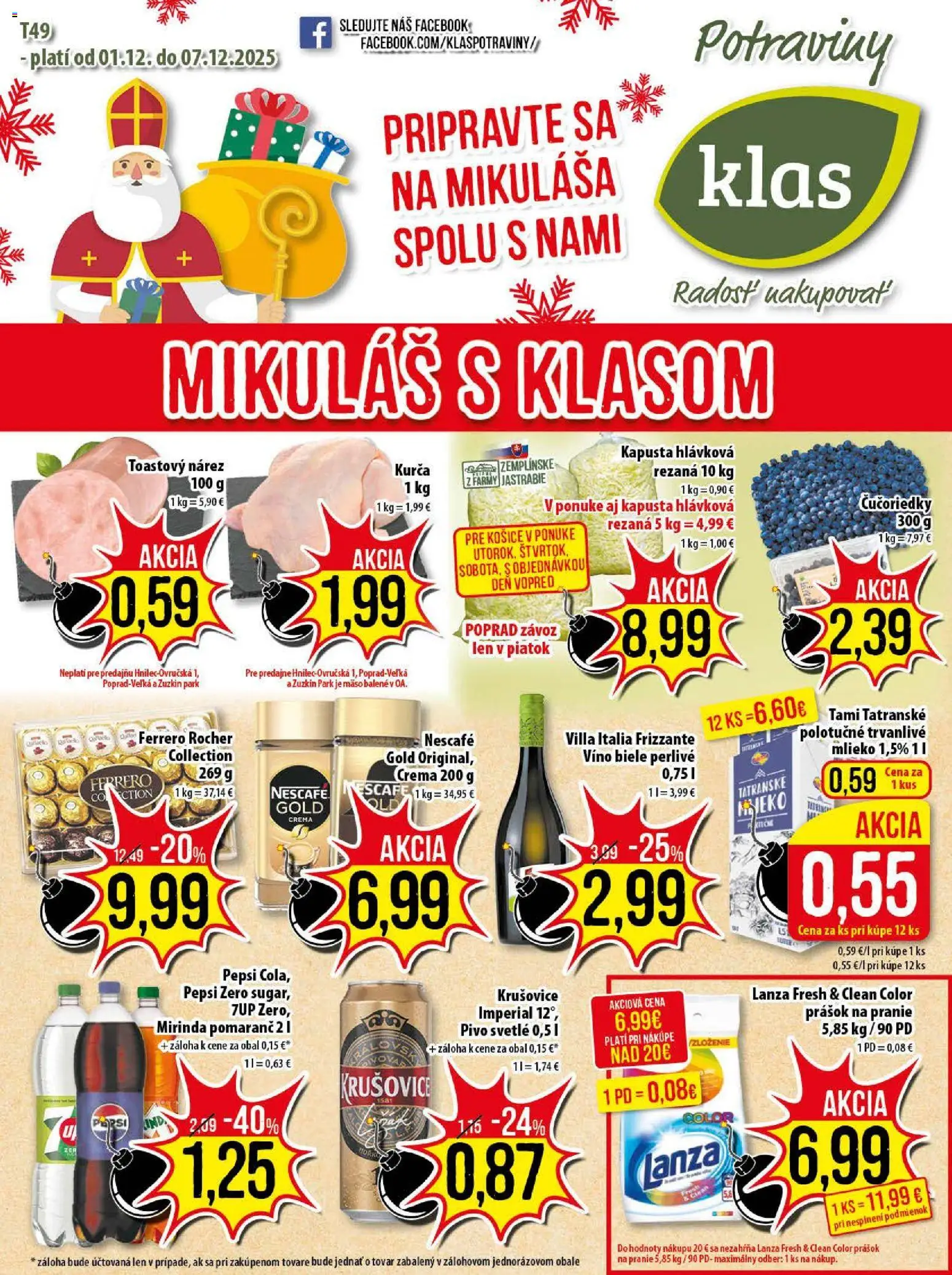 Nové Klas akcie – leták je platný od 01.12.2025 | Strana: 1 | Produkty: Mlieko, Krušovice, Čučoriedky, Ferrero Rocher