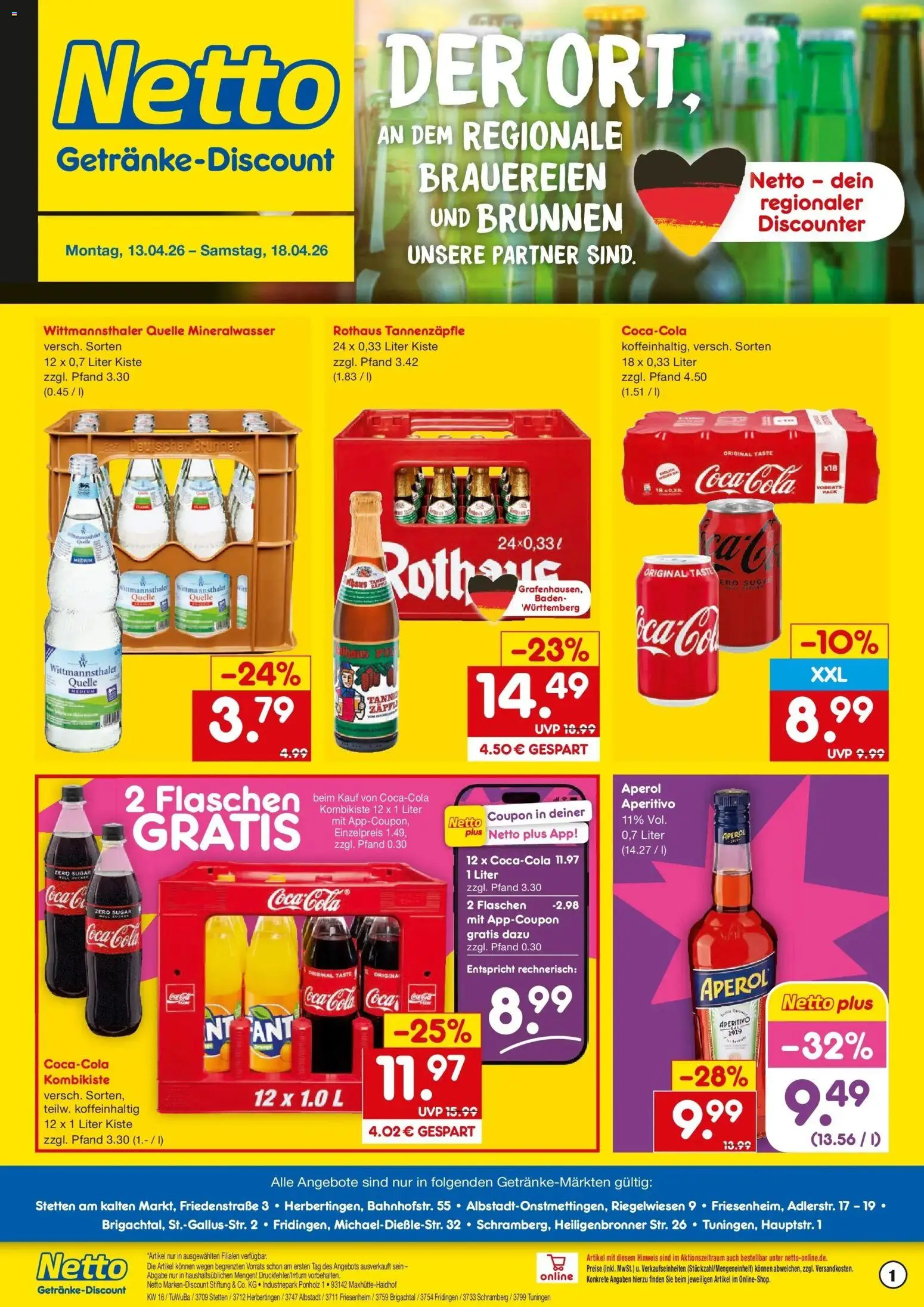 Netto Marken-Discount Prospekt Brigachtal	 – gültig ab 13.04.2026 | Seite: 1 | Produkte: Coca cola, Cola, Mineralwasser, Aperol