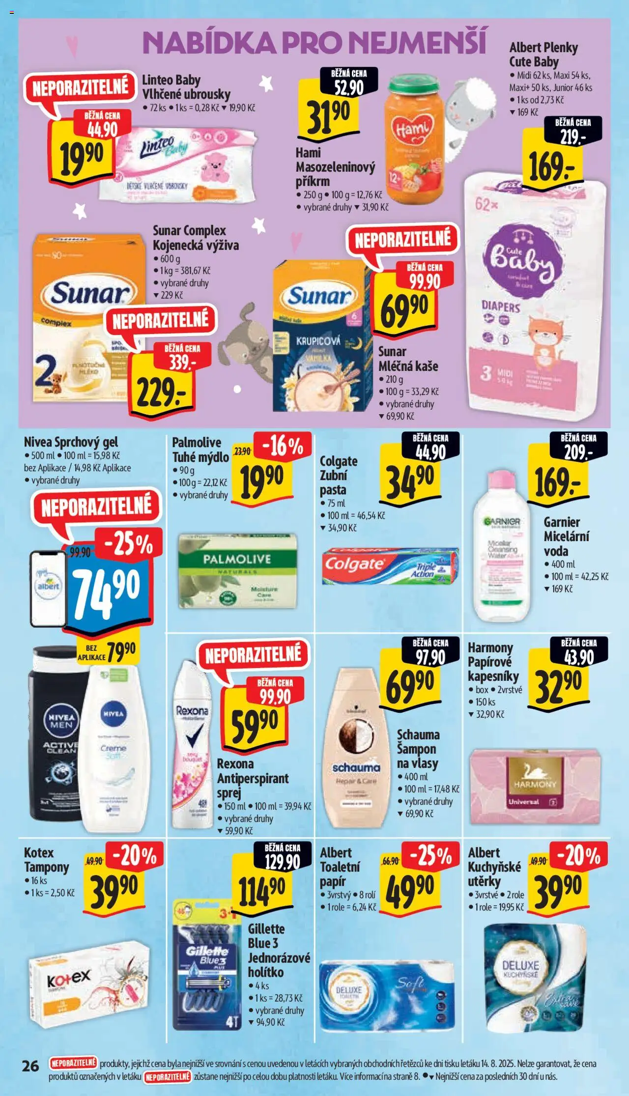 Albert leták - Supermarket od 20.08.2025 | Strana: 34 | Produkty: Nivea, Utěrky, Sunar, Tampony