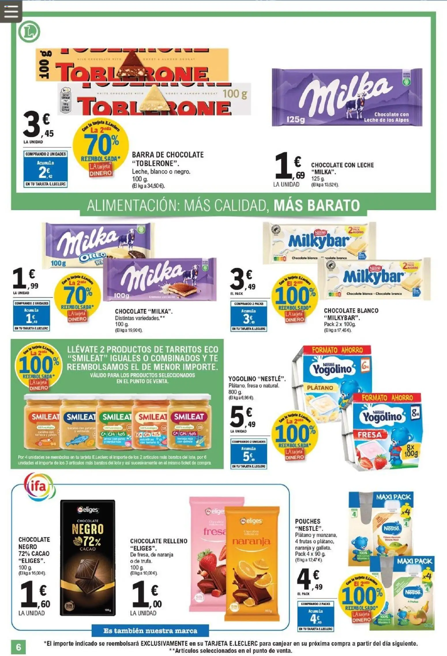 E.Leclerc folleto │ válido desde el 08.04.2026 | Página: 6 | Productos: Leche, Chocolate, Té, Φρυγανιές σικάλεως