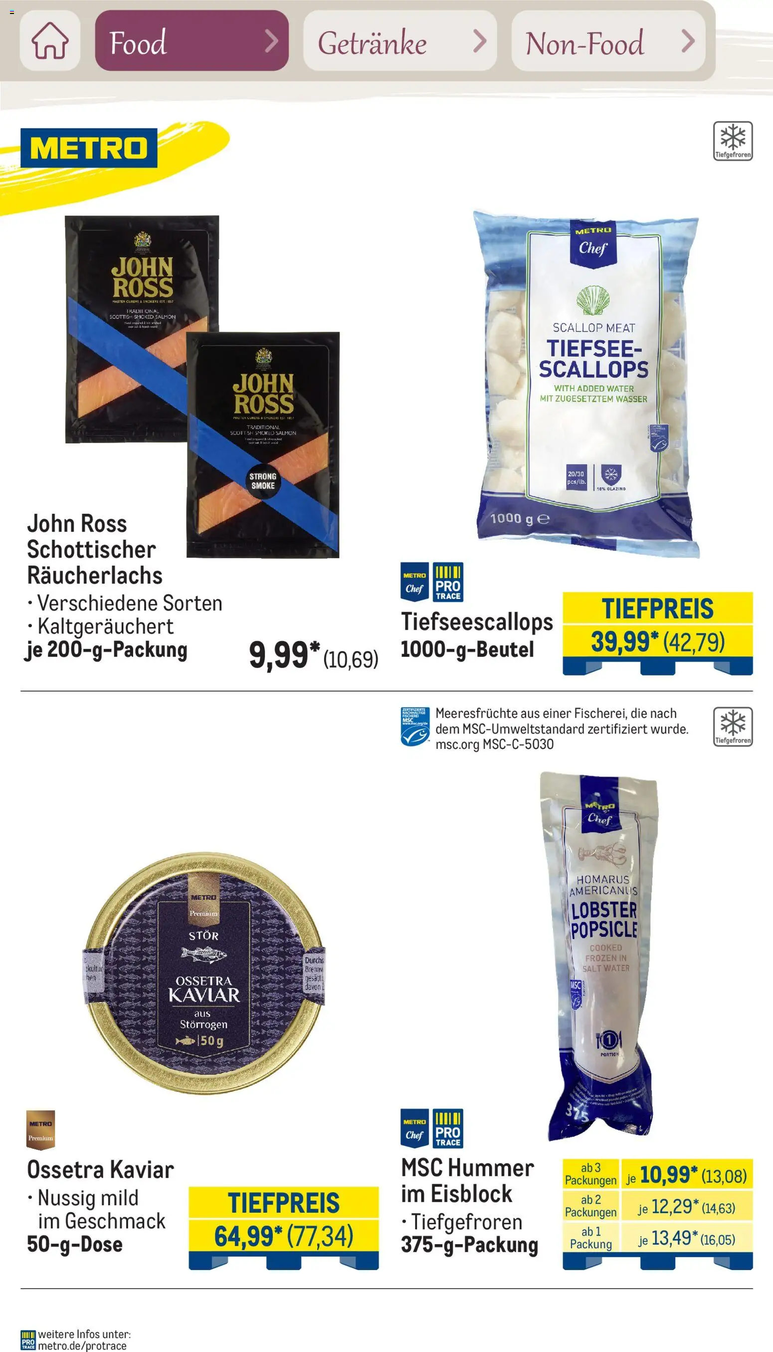 Metro Saisonkatalog Frühlingsgenuss – gültig ab 01.03.2026 | Seite: 22 | Produkte: Räucherlachs, Wasser, Meeresfrüchte