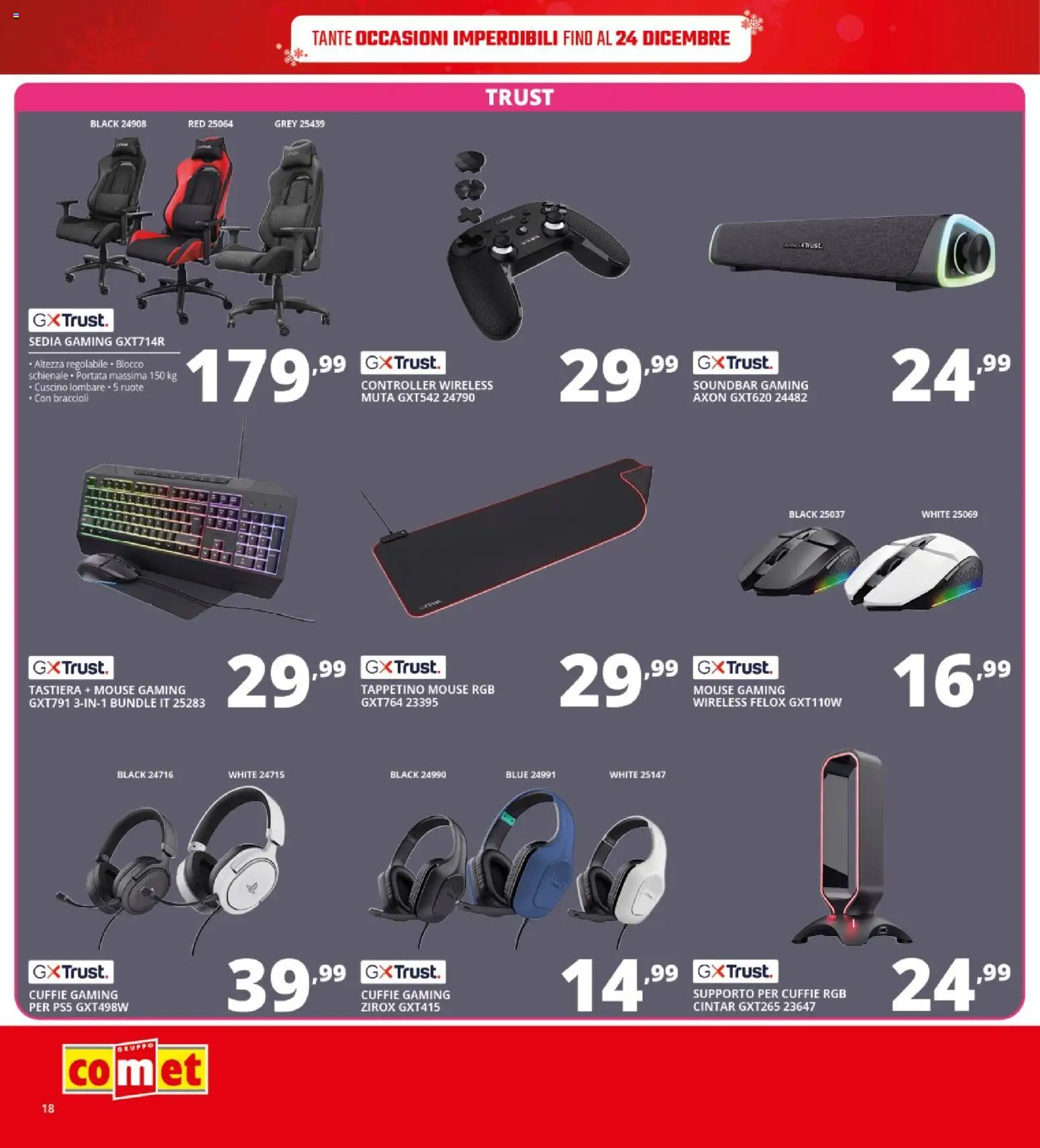 Volantino Comet del 12.12.2025 | Pagina: 18 | Prodotti: Soundbar, Mouse, Cuffie, Sedia