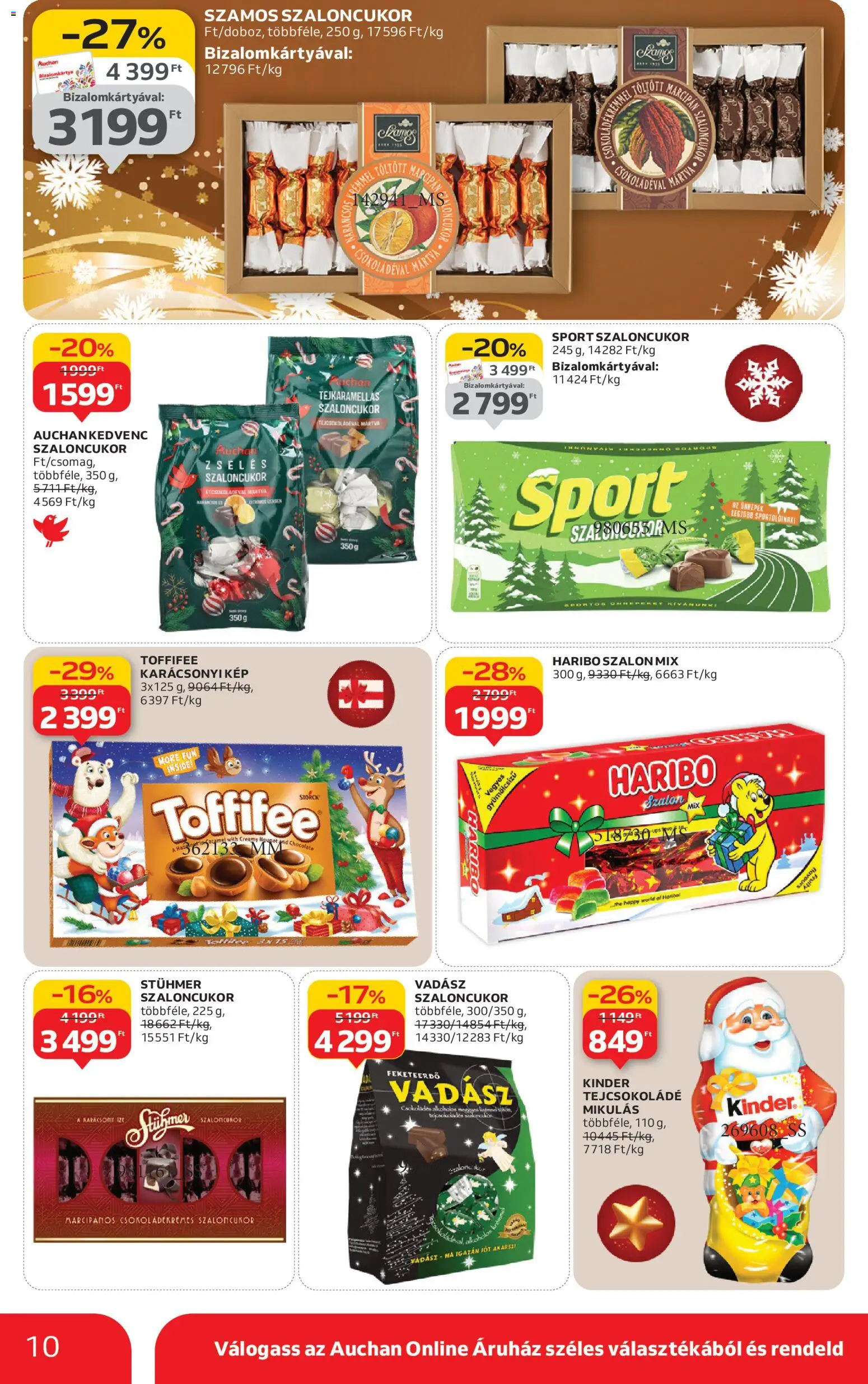 Auchan akciós ujság - amely érvényes a következő dátumtól: 27.11.2025 | Oldal: 10 | Termékek: Szaloncukor, Marcipan, Tejcsokoládé, Toffifee