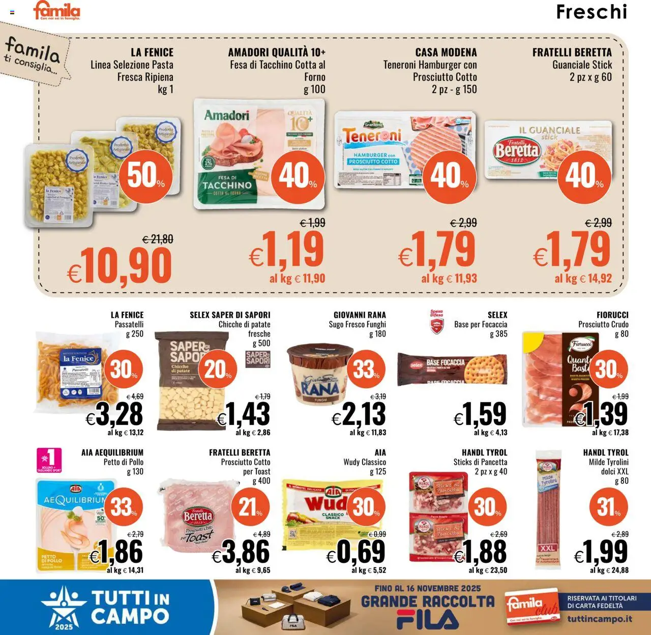 Volantino Famila del 16.10.2025 | Pagina: 8 | Prodotti: Petto di Pollo, Pancetta, Patate, Hamburger