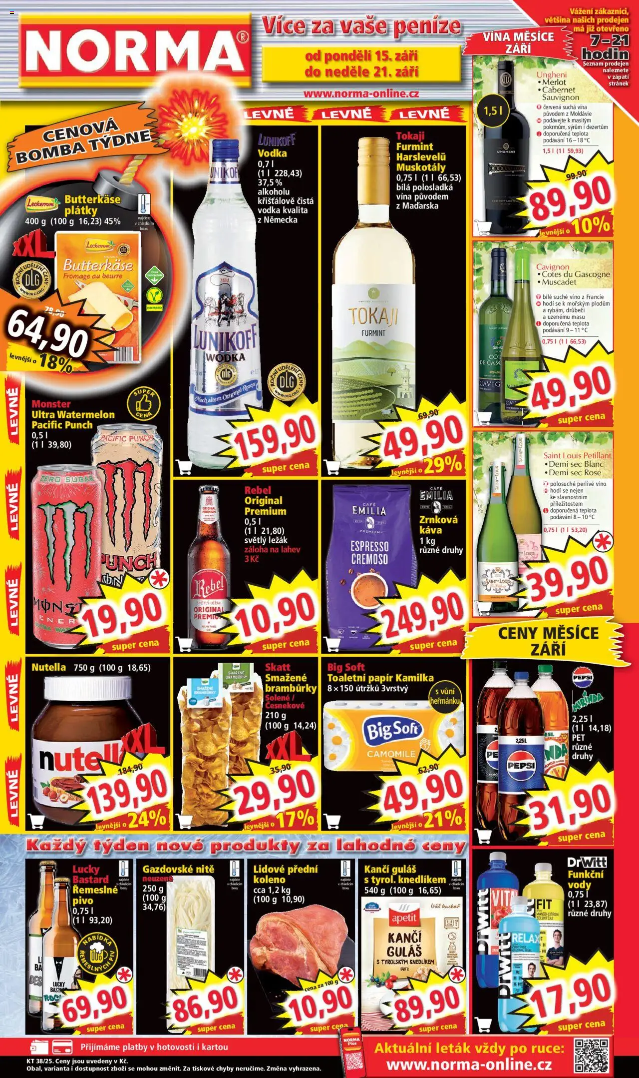 Norma leták od 15.09.2025 | Strana: 1 | Produkty: Zelený čaj, Vodka, Guláš, Nutella