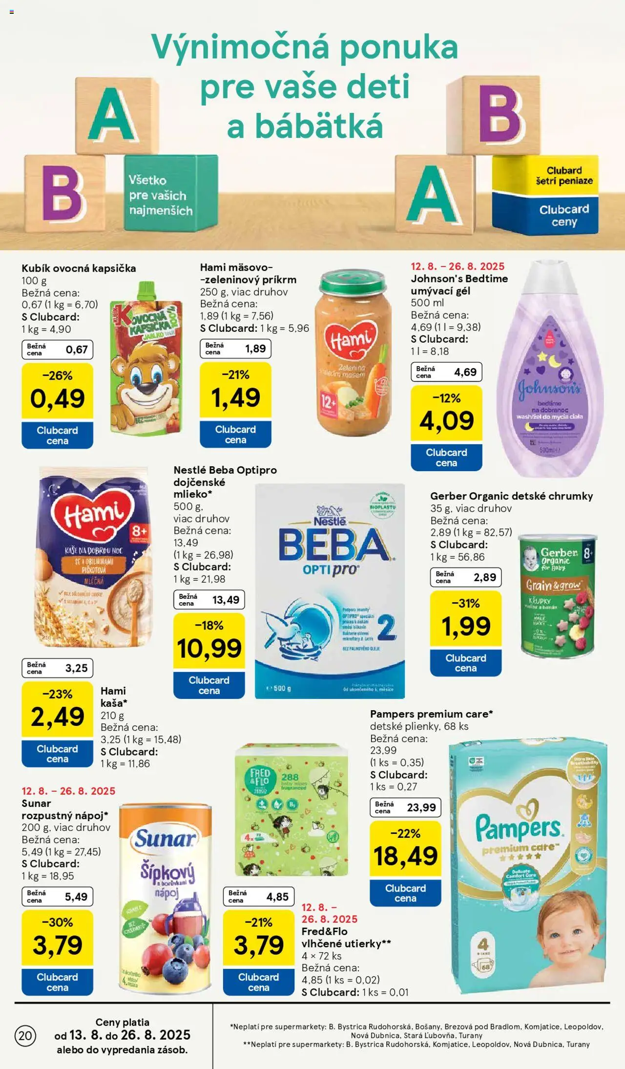 Tesco Supermarket - leták │ platný od 20.08.2025 | Strana: 20 | Produkty: Mlieko, Sunar, Pampers, Beba