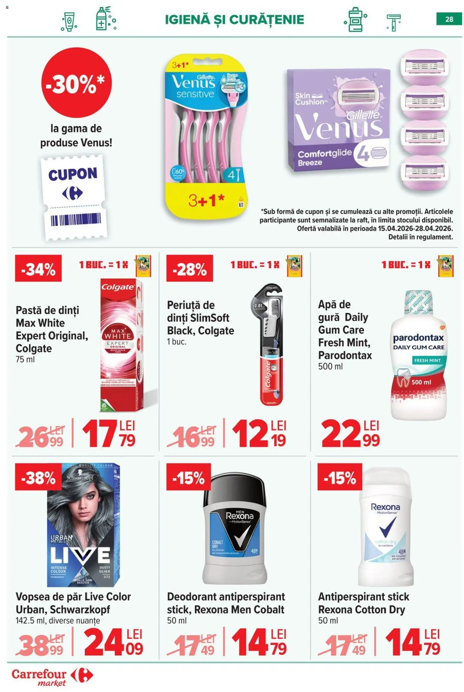 Noul catalog Carrefour – valabil de la 15.04.2026 | Pagină: 30 | Produse: Vopsea, Deodorant, Antiperspirant, Apă