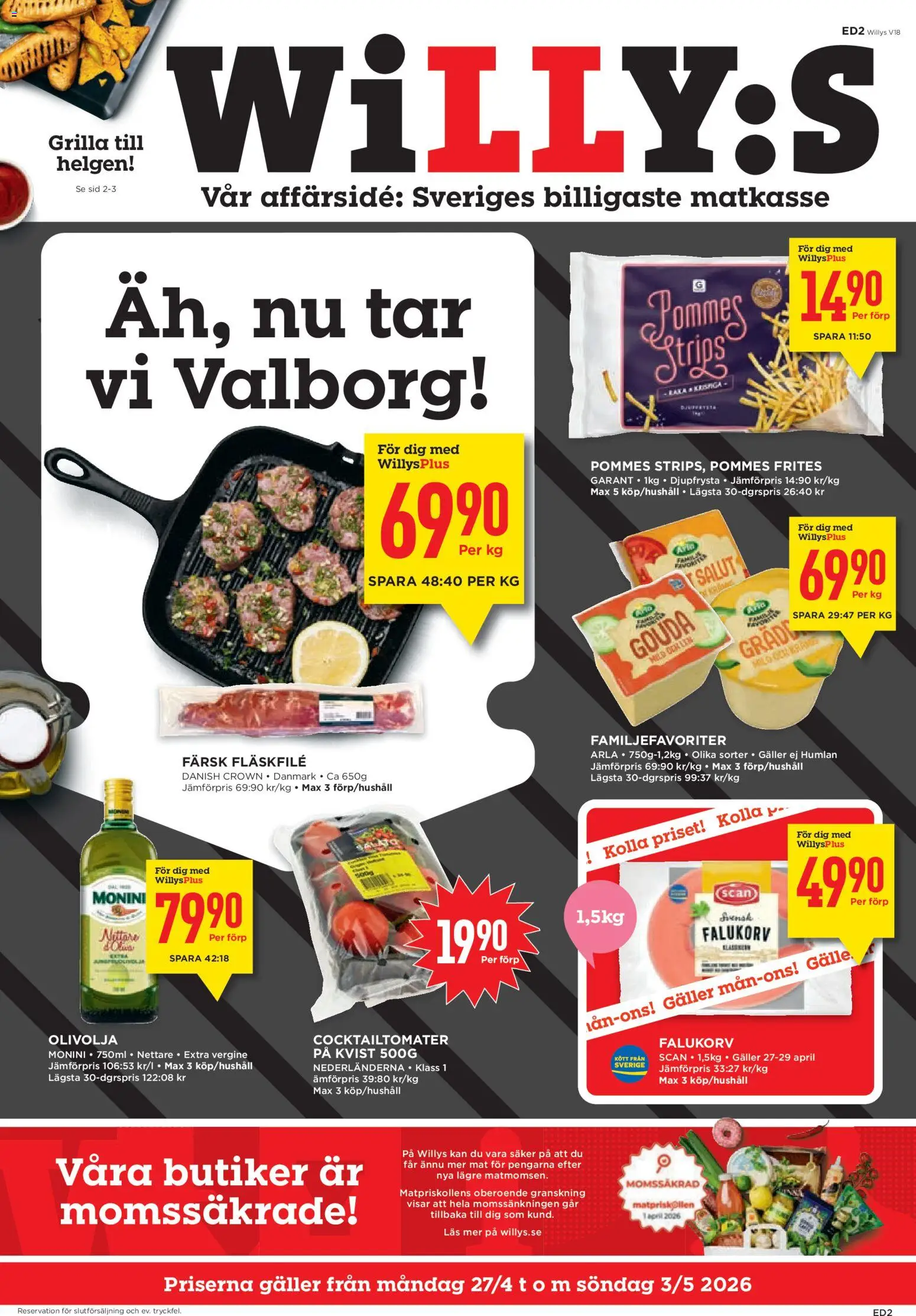 Willys reklamblad aktuell från 27.04.2026 | Sida: 1 | Produkter: Cocktailtomater, Galler, Olivolja, Pommes frites