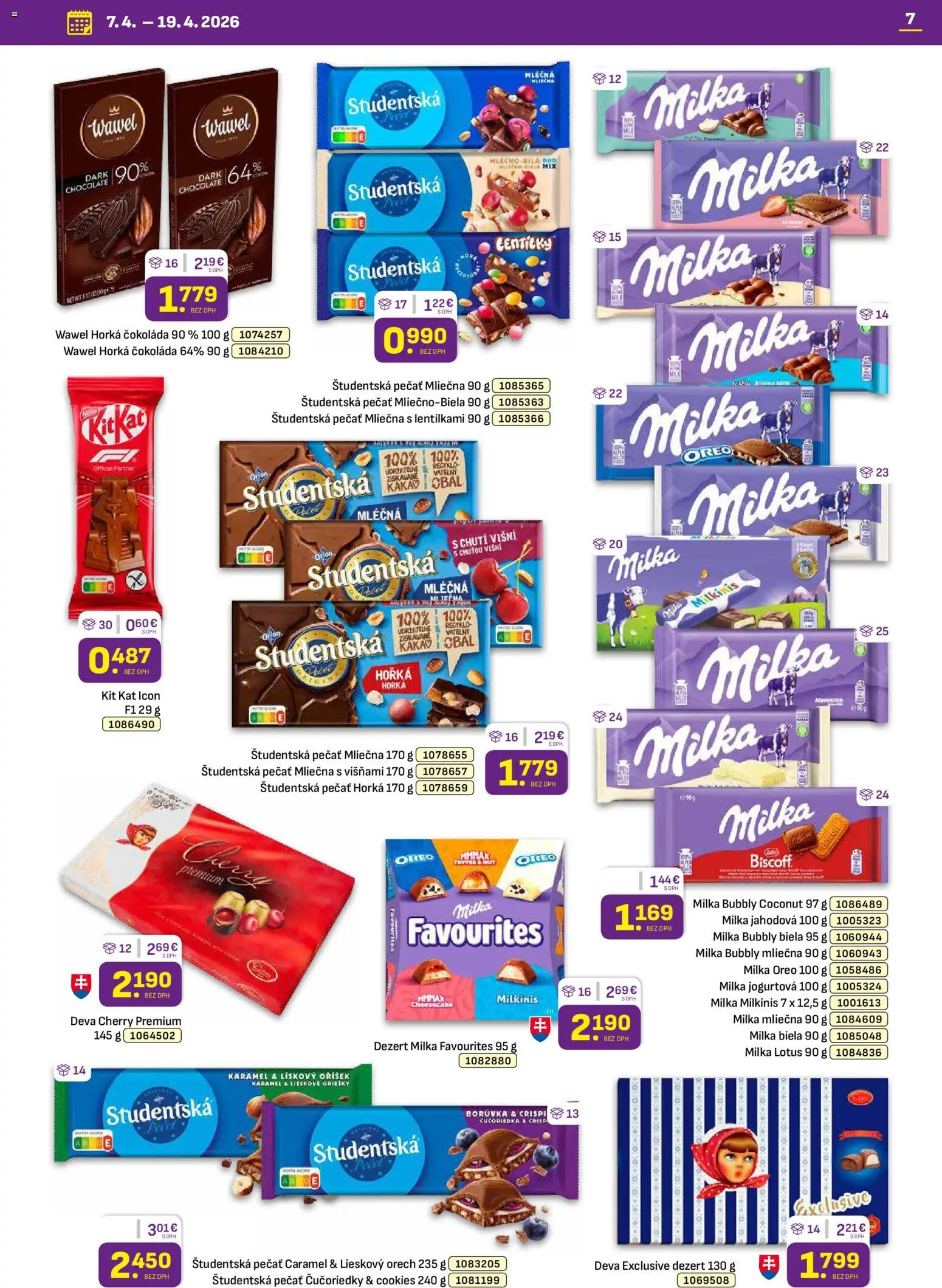 Nové Libex akcie – leták je platný od 07.04.2026 | Strana: 7 | Produkty: Čokoláda, Čučoriedky, Študentská pečať, Milka