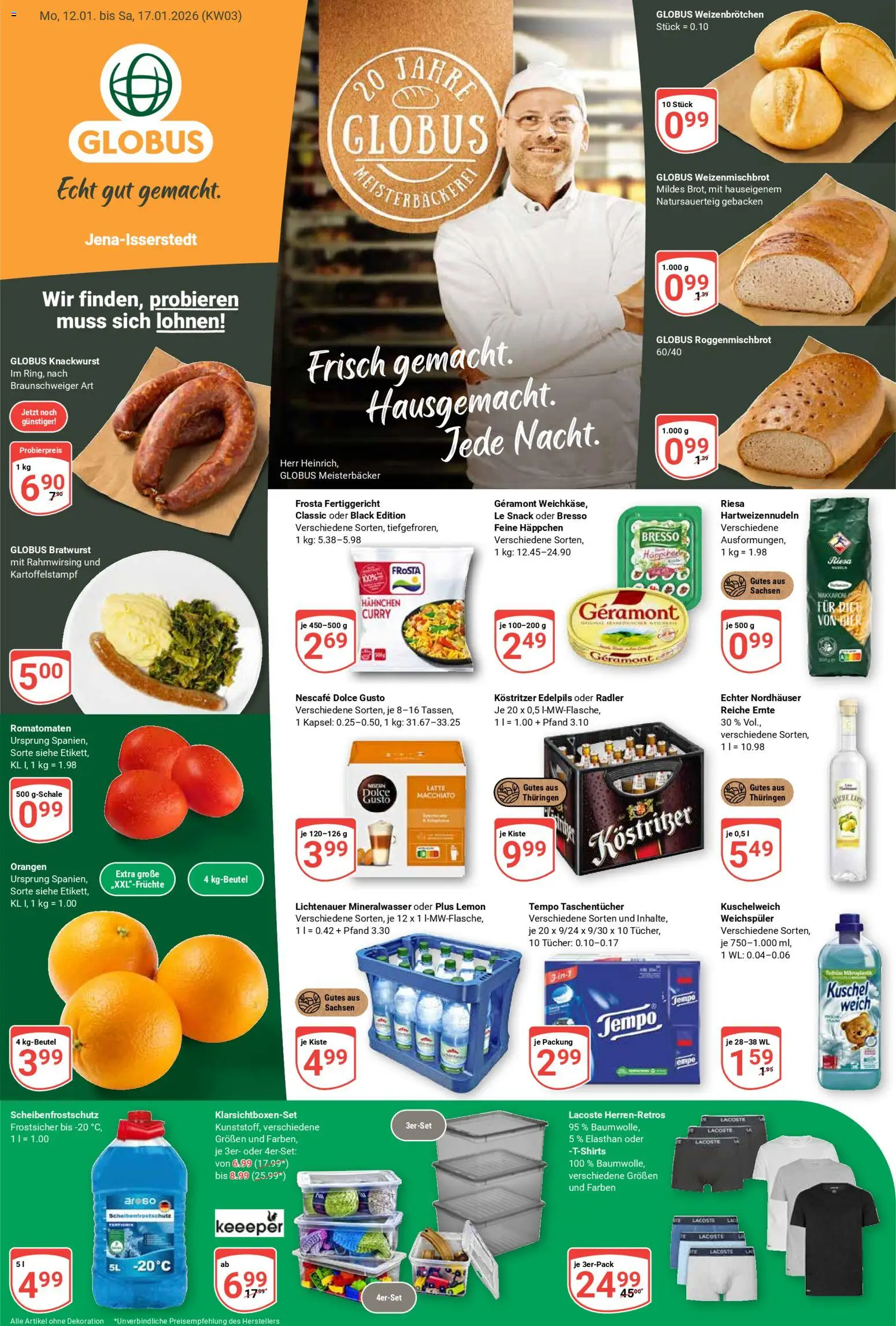 Globus Prospekt 	 – gültig ab 12.01.2026 | Seite: 1 | Produkte: Bratwurst, Radler, Weichspüler, Dolce gusto