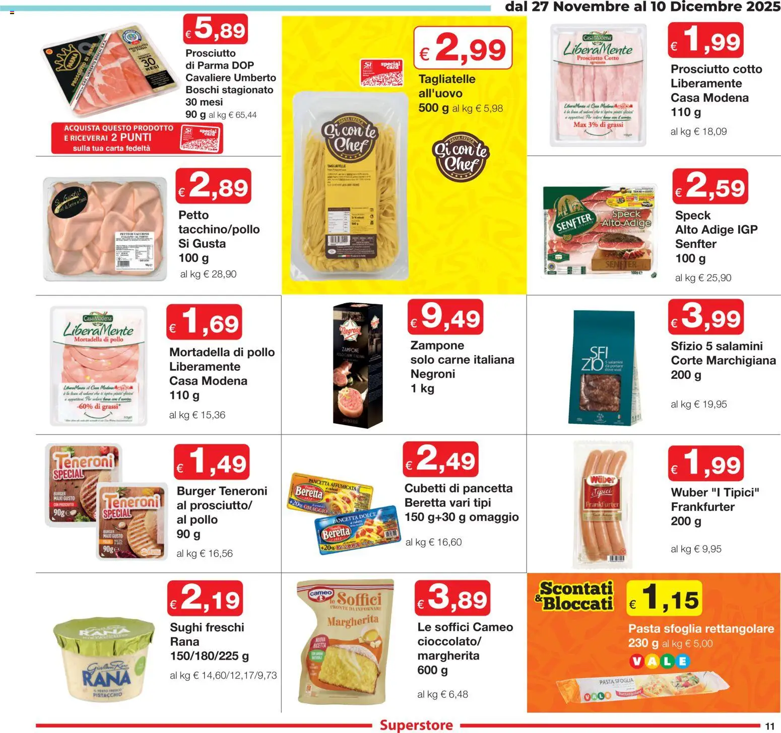 Volantino Sì con Te del 27.11.2025 | Pagina: 11 | Prodotti: Prosciutto Cotto, Pancetta, Prosciutto, Pasta