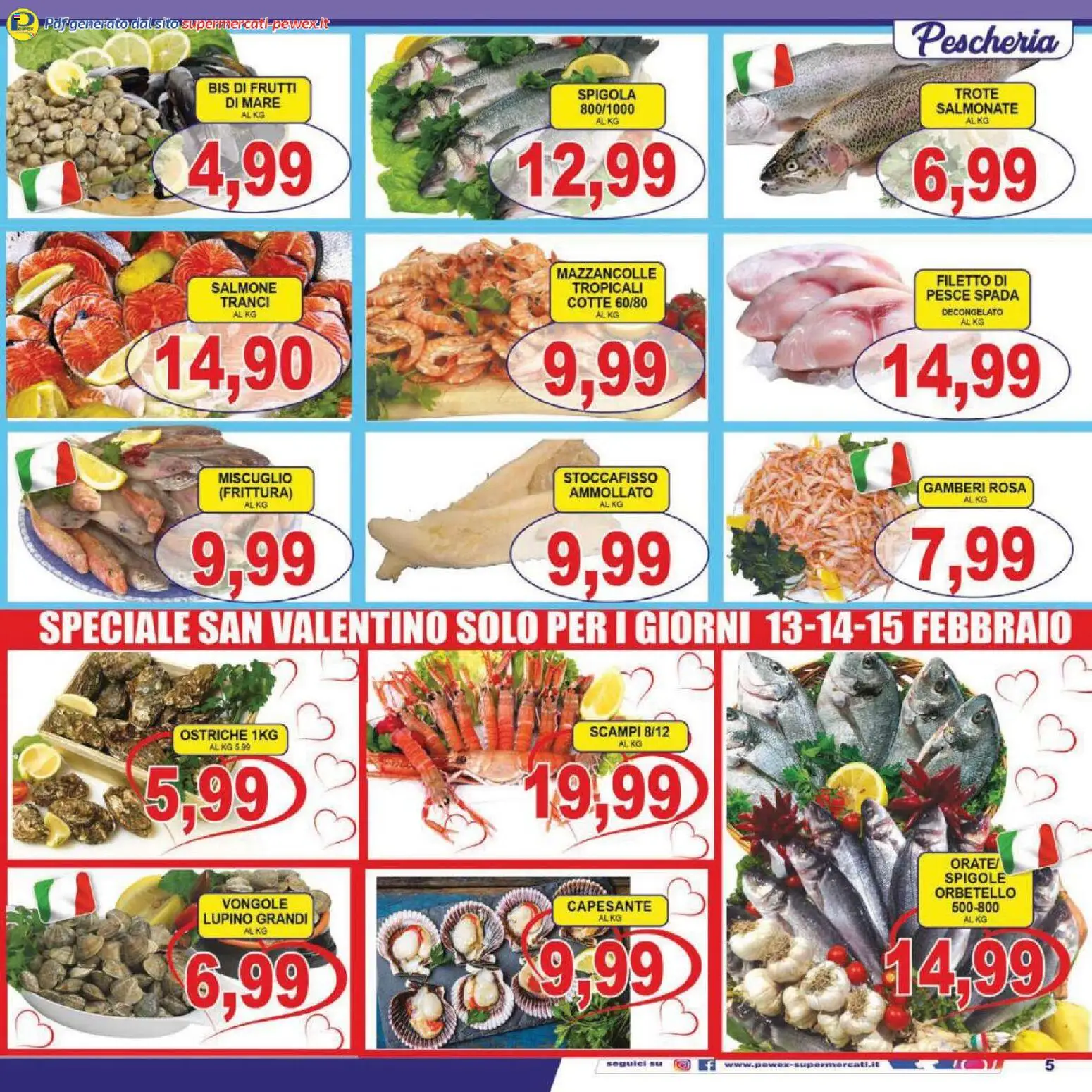 Volantino Pewex del 13.02.2026 | Pagina: 5 | Prodotti: Pesce, Gamberi, Vongole, Spigola