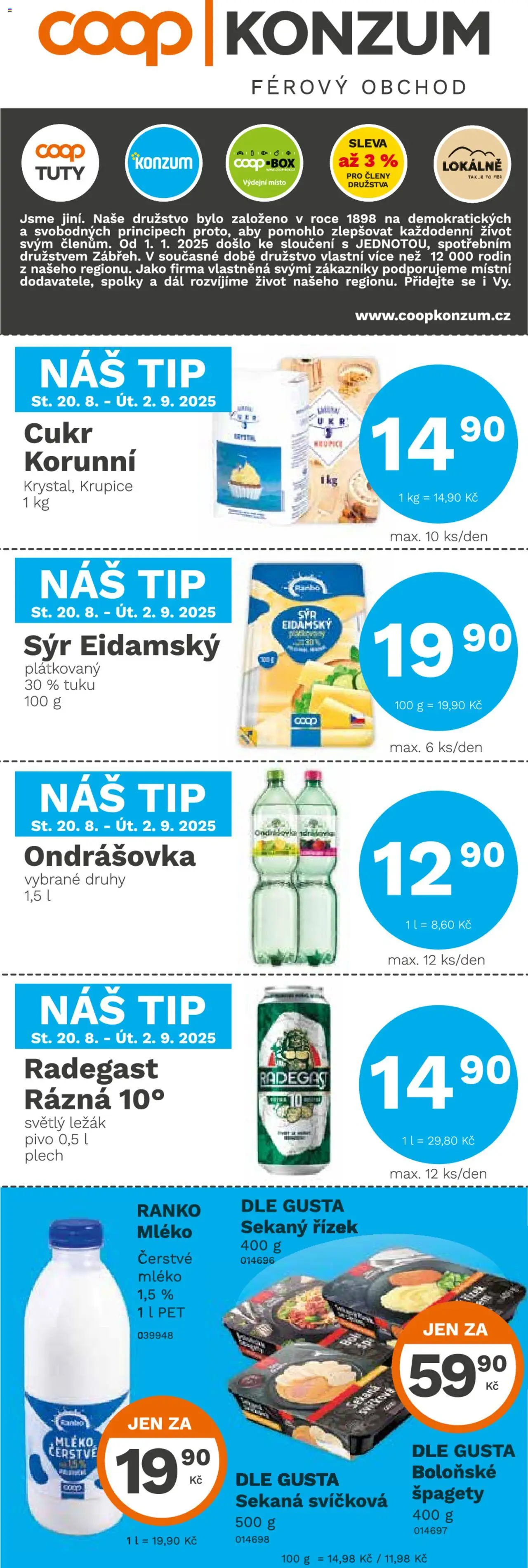 Konzum leták od 20.08.2025 | Strana: 1 | Produkty: Sýr, Pivo, Plech, Radegast