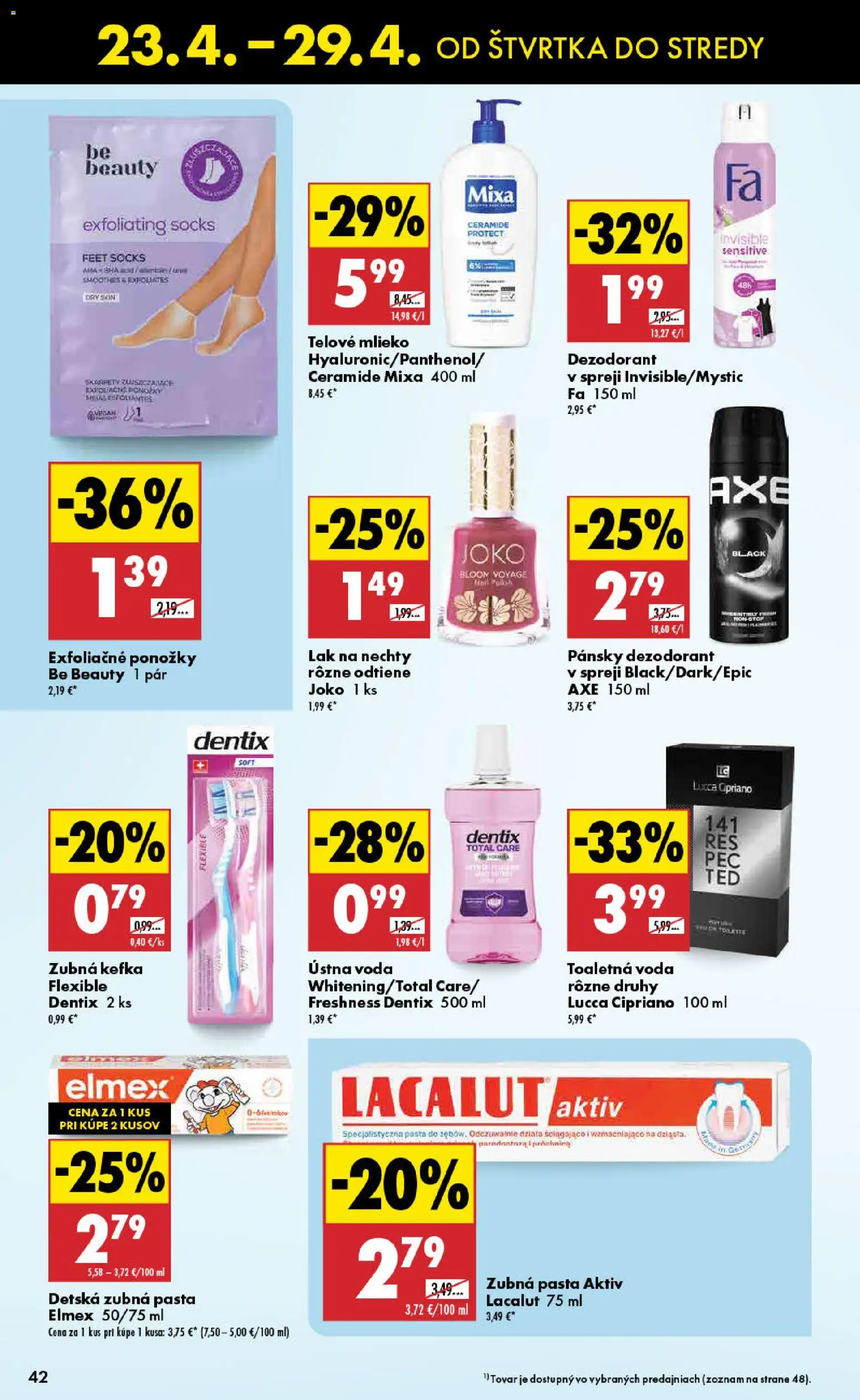 Nové Biedronka akcie – leták je platný od 23.04.2026 | Strana: 42 | Produkty: Zubná kefka, Dezodorant, Ústna voda, Ponožky