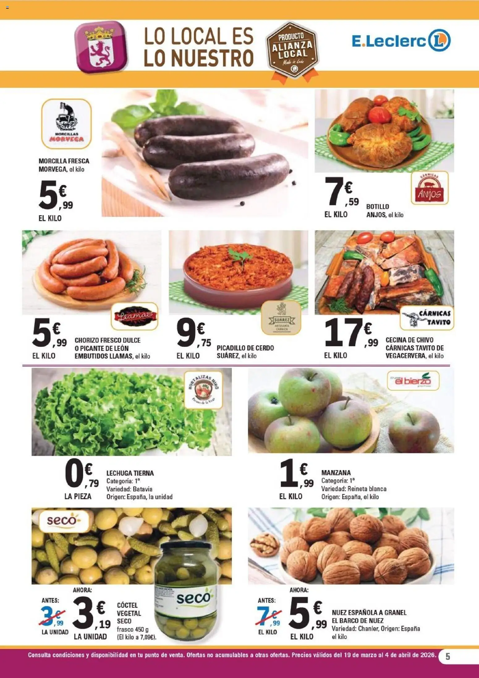 E.Leclerc - León │ válido desde el 19.03.2026 | Página: 5 | Productos: Cerdo, Manzana, Νυχτικό
