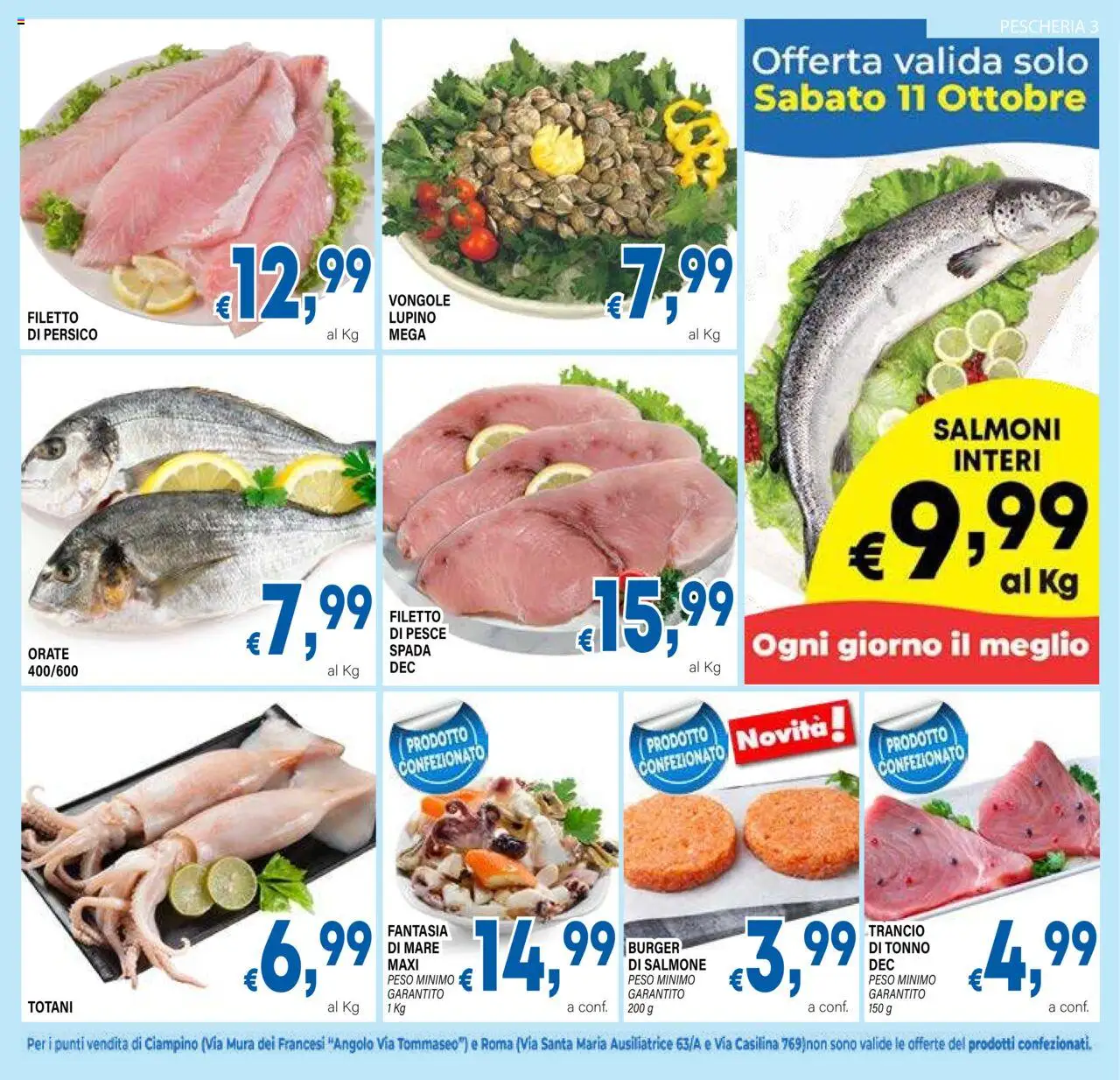 Volantino DEM del 08.10.2025 | Pagina: 3 | Prodotti: Salmone, Pesce, Vongole, Tonno