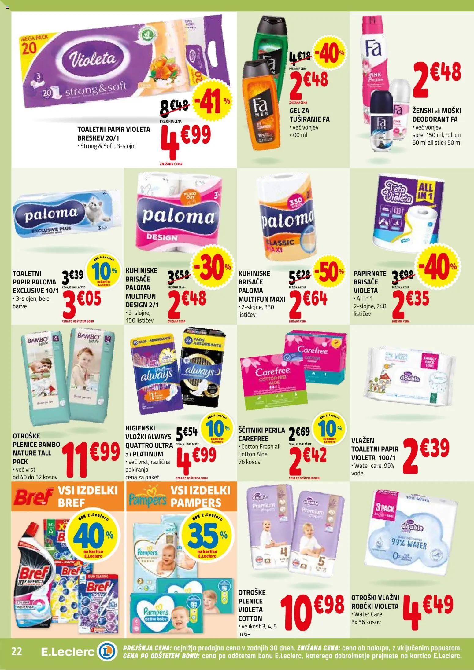 Novi E.leclerc katalog ponudbe – veljaven od 14.01.2026 | Stran: 22 | Izdelki: Higienski vložki, Plenice, Robčki, Deodorant