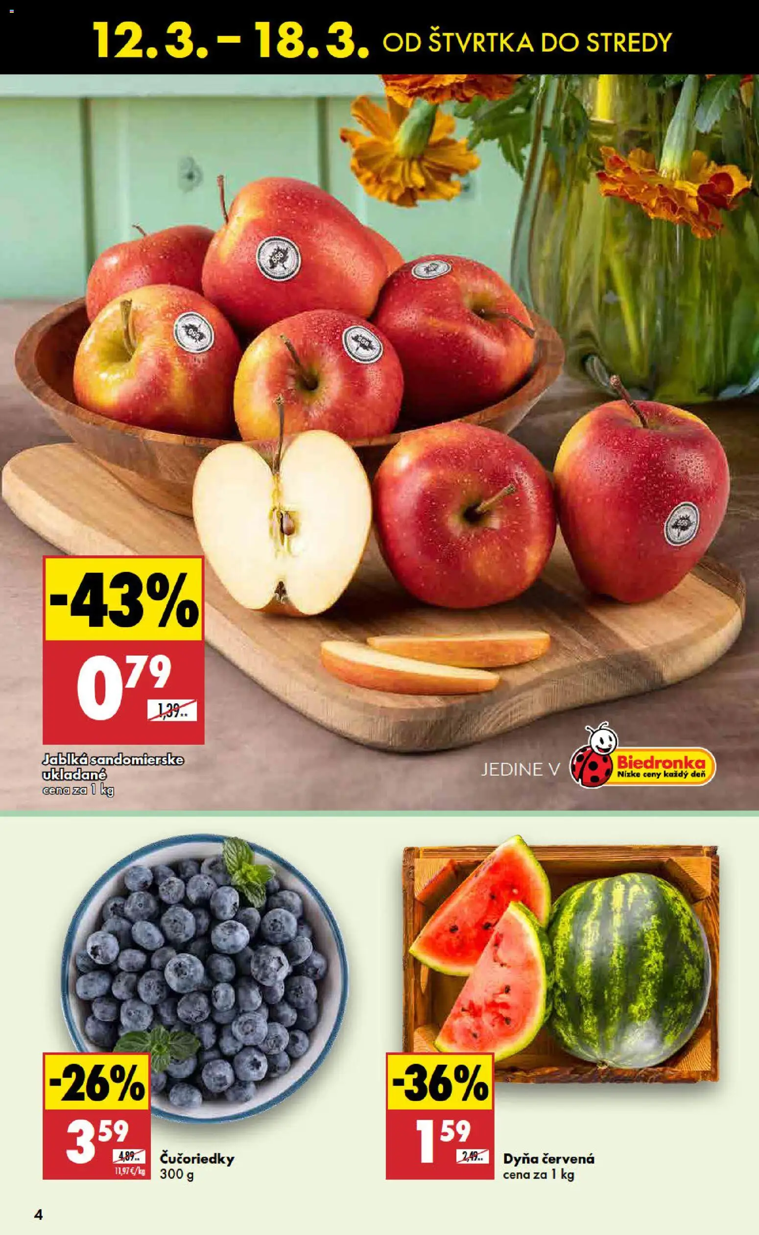 Nové Biedronka akcie – leták je platný od 12.03.2026 | Strana: 4 | Produkty: Jablká, Čučoriedky