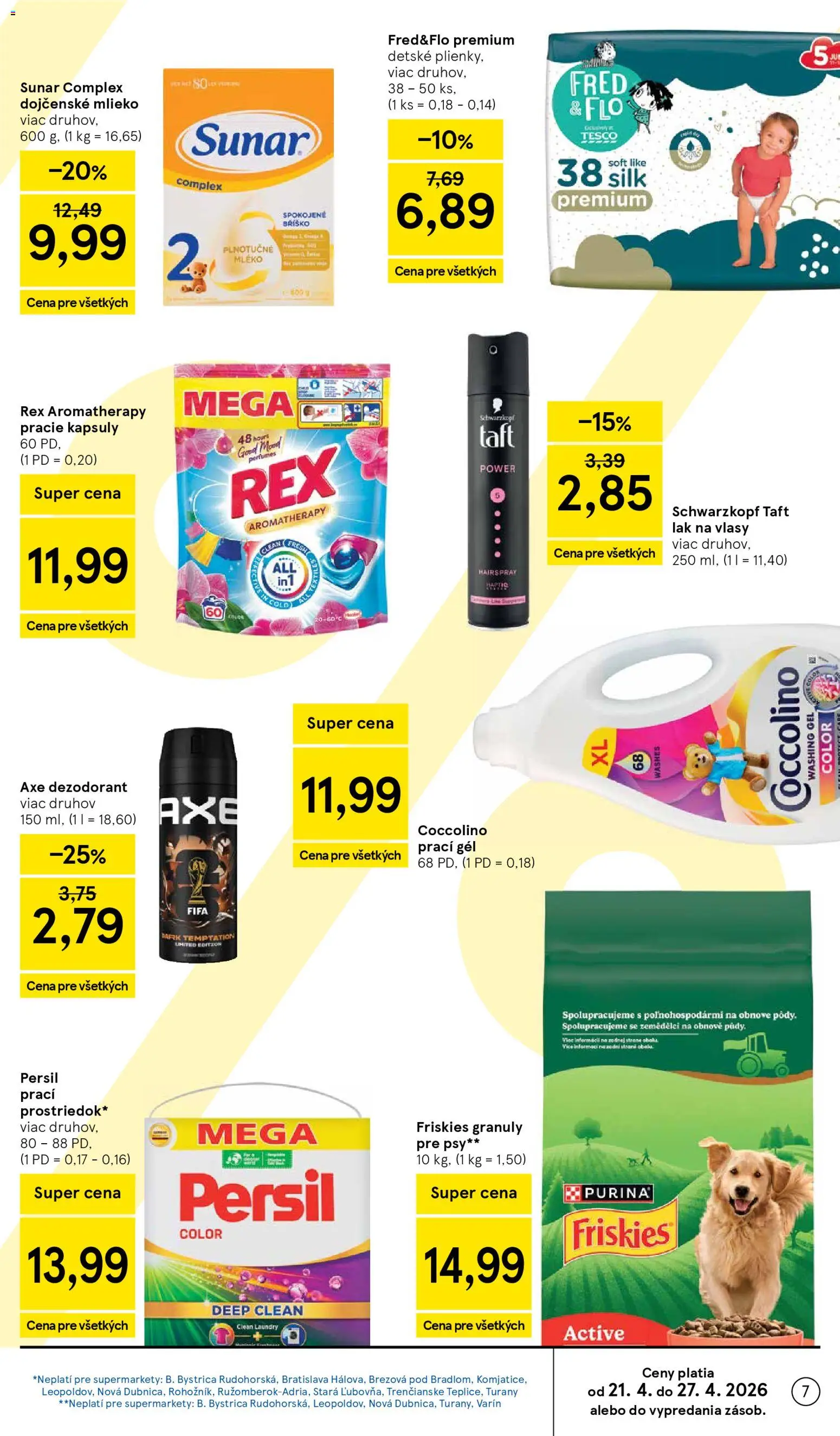 Nové Tesco akcie – leták je platný od 22.04.2026 | Strana: 7 | Produkty: Mlieko, Friskies, Sunar, Coccolino