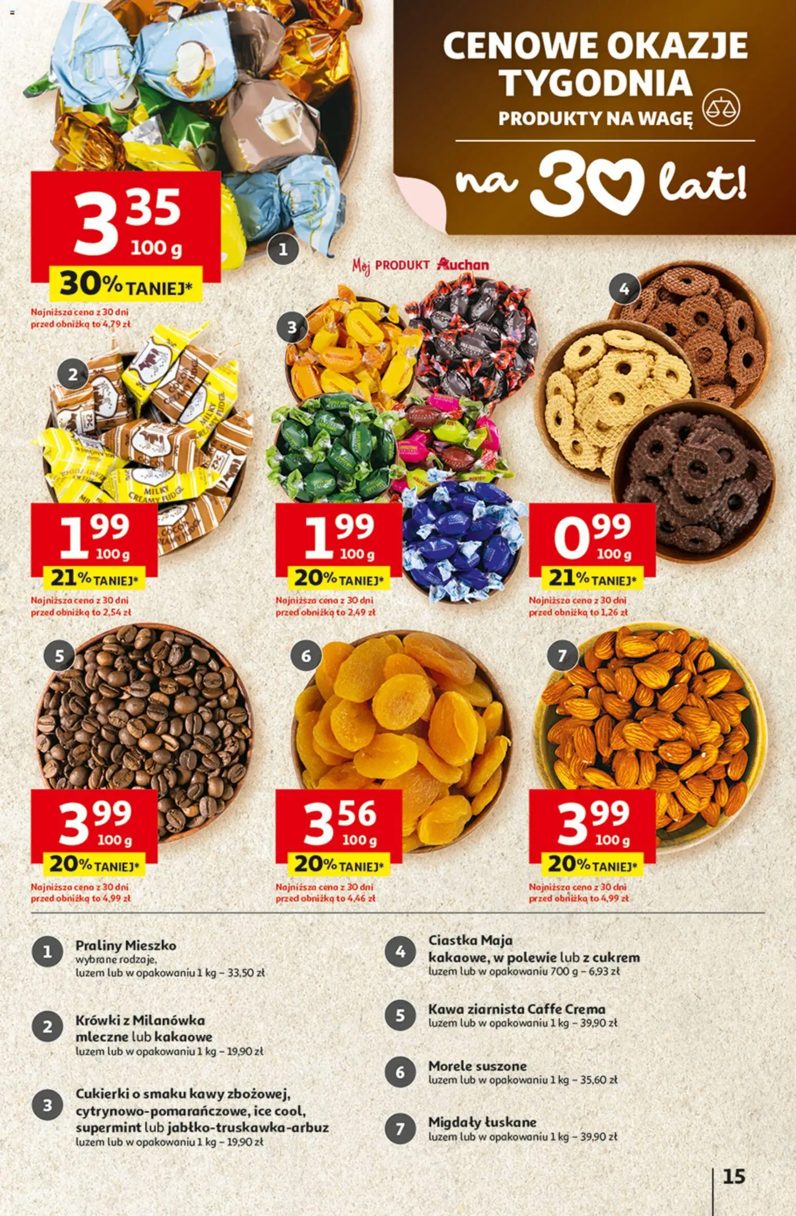 Auchan Gazetka - 30 Lat Hipermarket od 29.01.2026 | Strona: 15 | Produkty: Praliny, Kawa ziarnista, Ciastka, Krówki