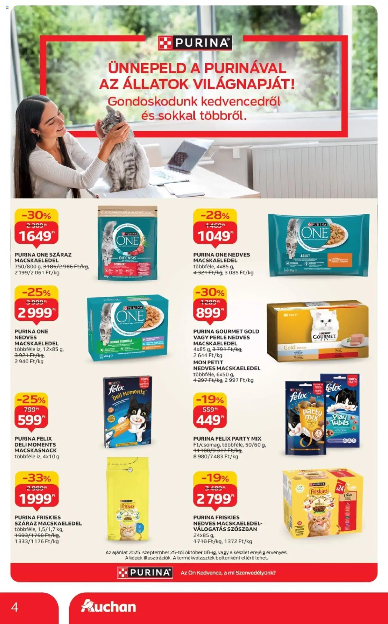 Auchan akciós ujság - amely érvényes a következő dátumtól: 25.09.2025 | Oldal: 4 | Termékek: Macskaeledel, Purina one