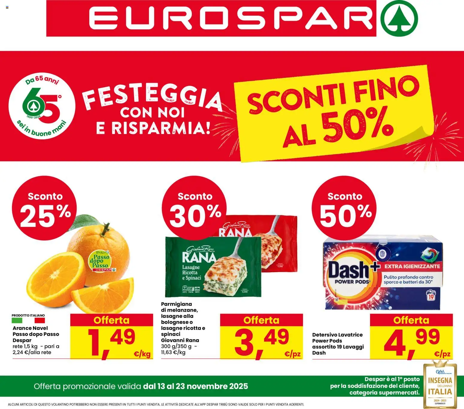 Volantino Eurospar del 13.11.2025 | Pagina: 1 | Prodotti: Arance, Spinaci, Lavatrice, Ricotta