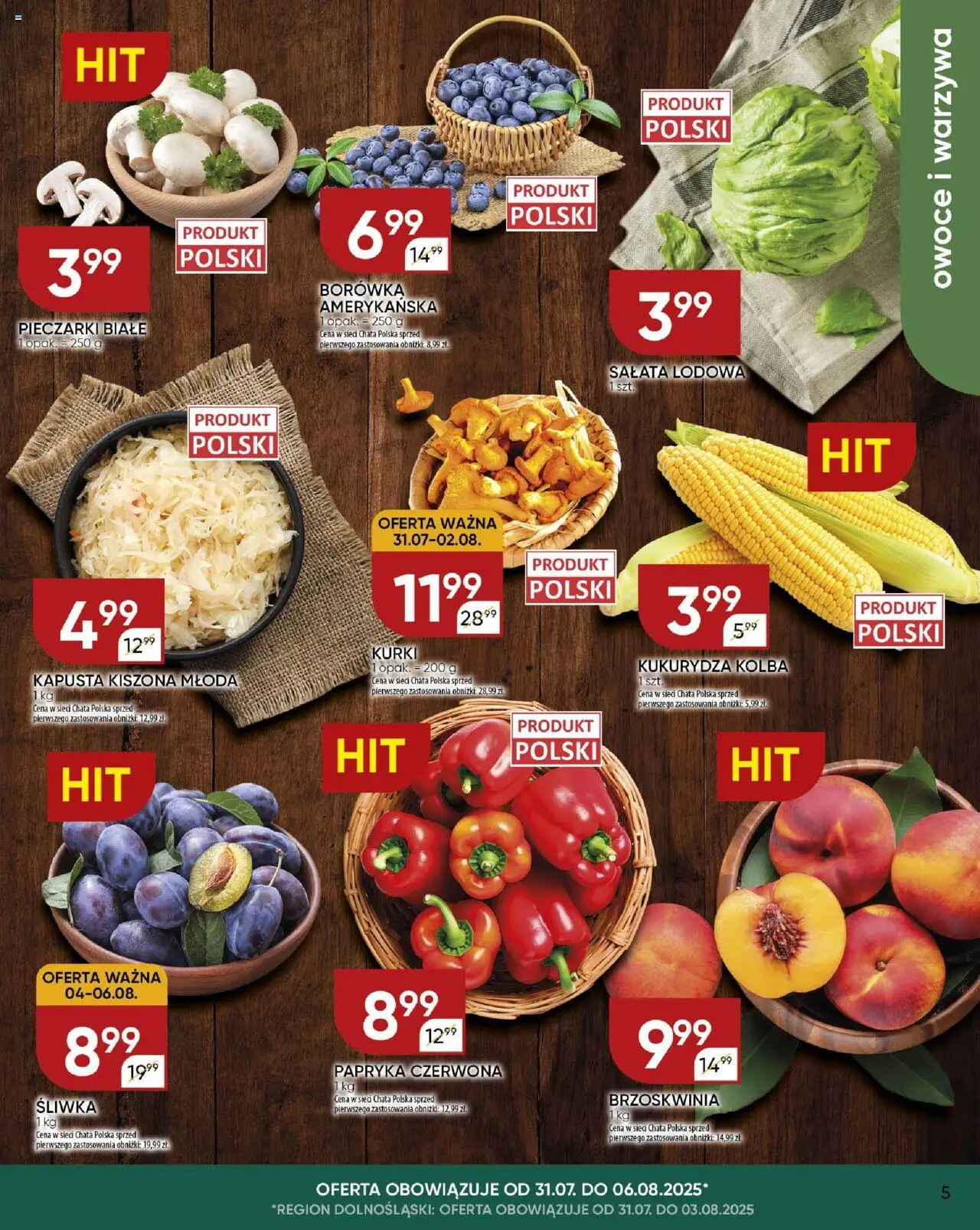 Chata Polska Gazetka od 31.07.2025 | Strona: 5 | Produkty: Pieczarki, Kapusta kiszona, Papryka czerwona, Warzywa