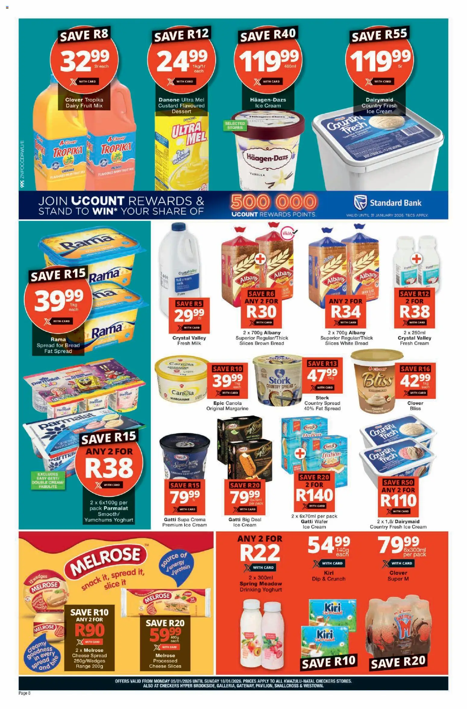 New Checkers catalogue – valid from 05.01.2026 | Page: 8 | Products: Custard, Bread, Ice cream, Fat spread