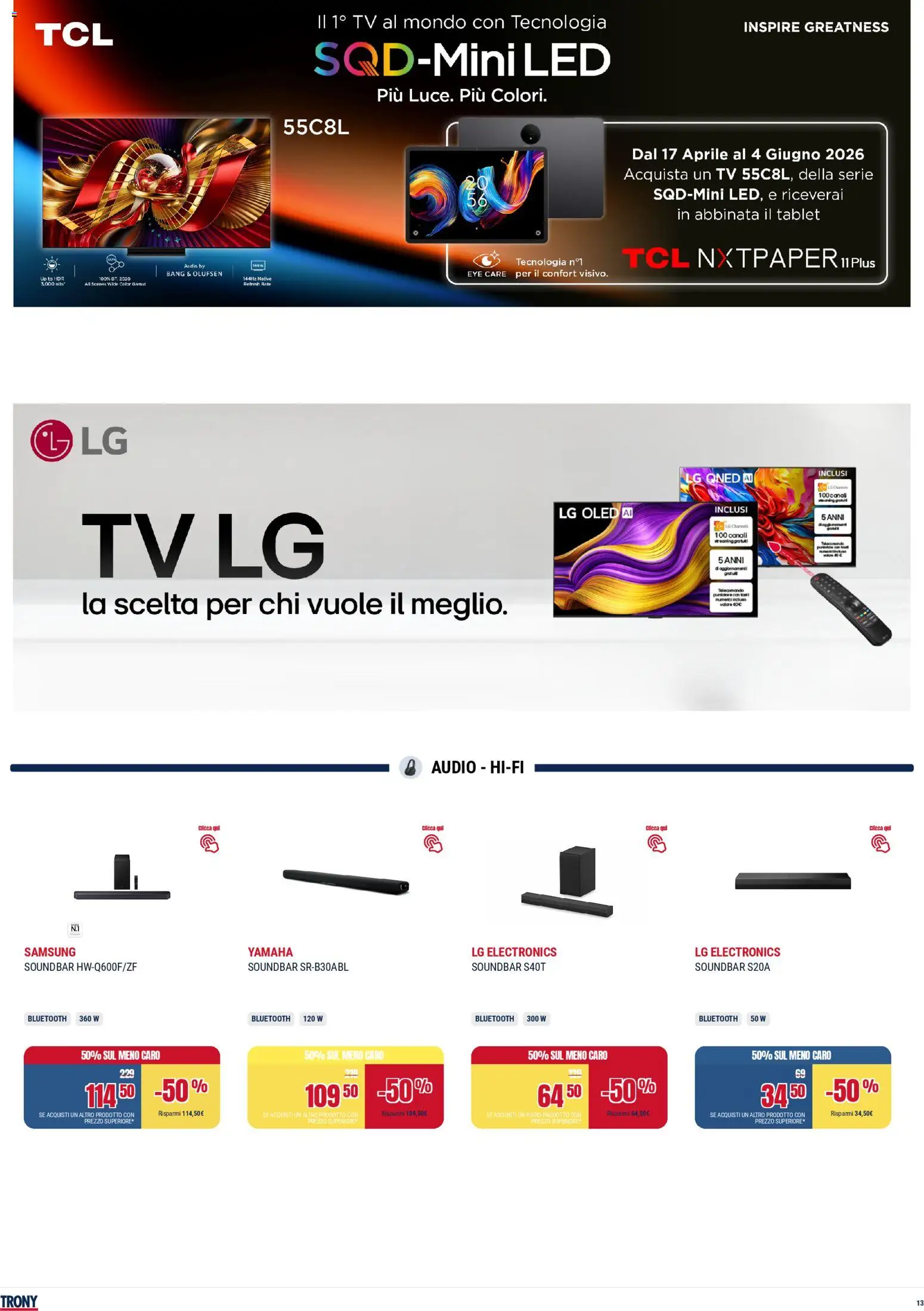 Volantino Trony del 28.04.2026 | Pagina: 13 | Prodotti: Telecomando, Soundbar, Tablet, Audio