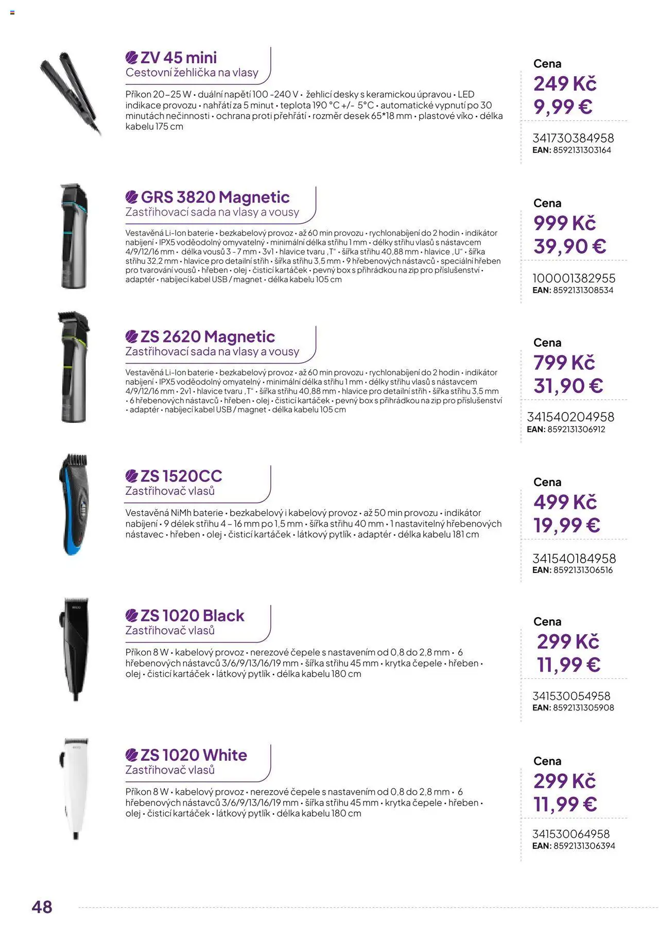 Expert elektro katalog - ECG - Malé domácí spotřebiče od 01.10.2024 | Strana: 48 | Produkty: Zastřihovač vlasů, Žehlička na vlasy, Baterie, LED