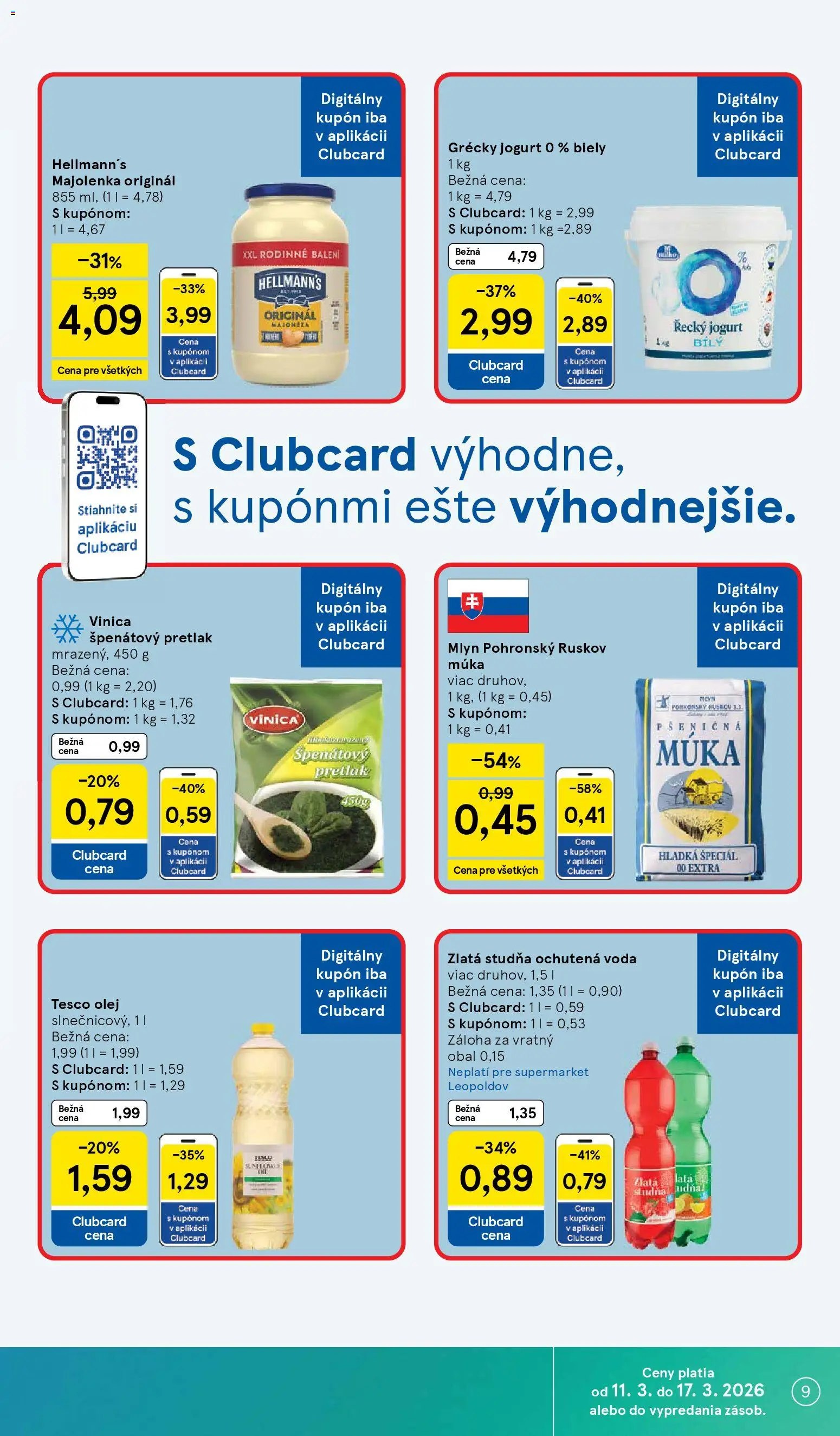 Nové Tesco akcie – leták je platný od 11.03.2026 | Strana: 9 | Produkty: Jogurt, Olej, Múka, Voda