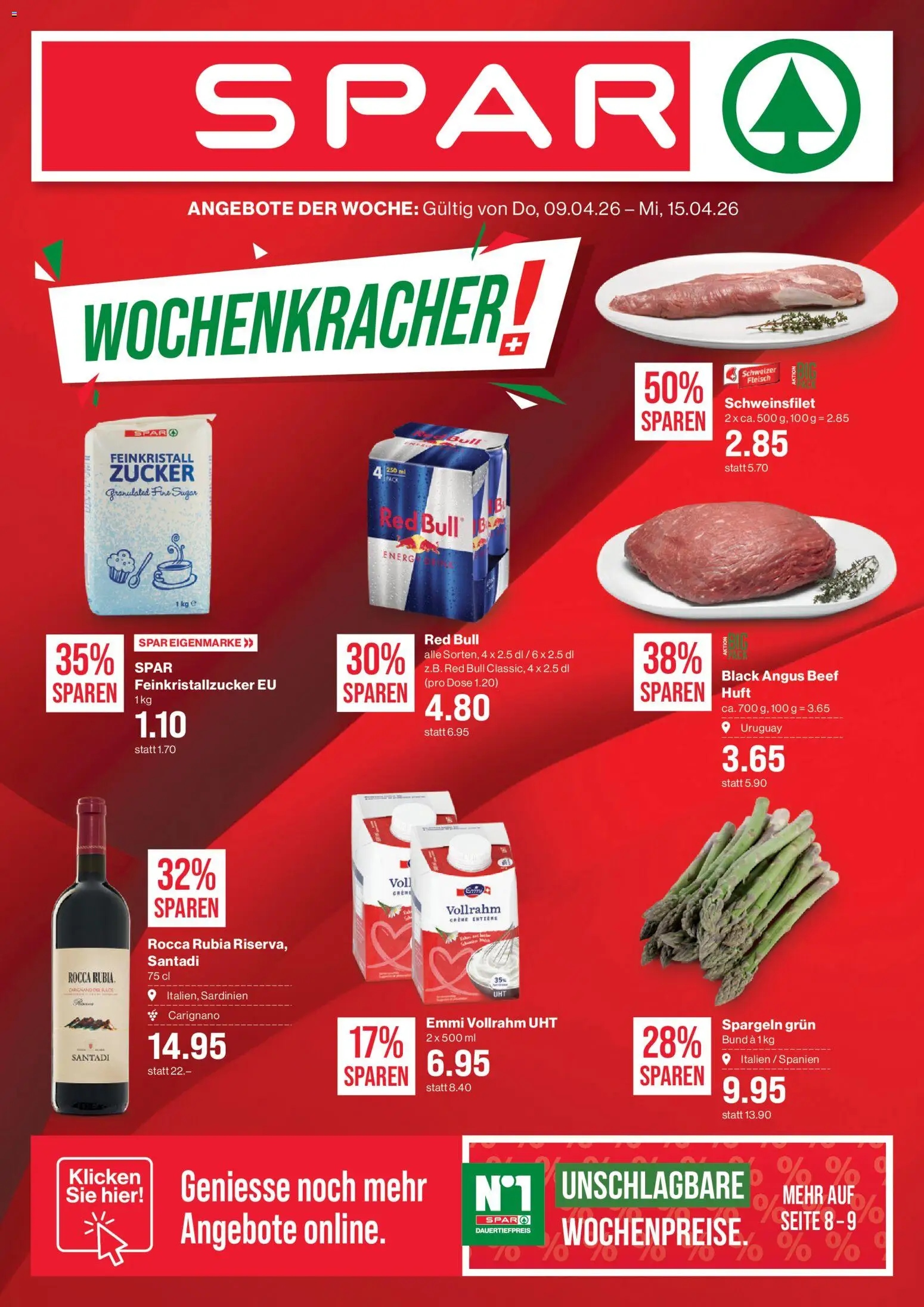 SPAR aktionen – gültig ab 09.04.2026 | Seite: 1 | Produkte: Red bull, Zucker, Creme
