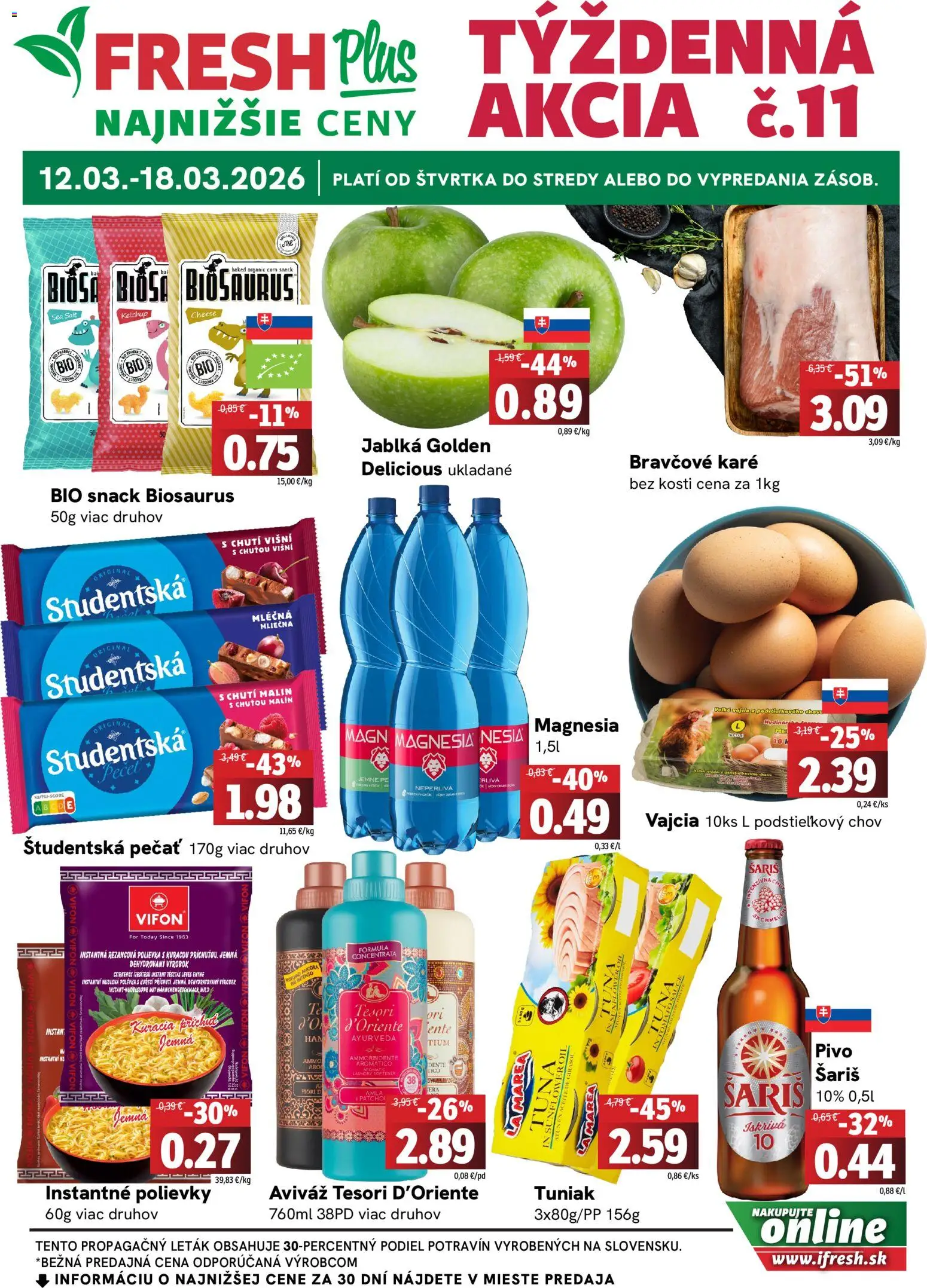 Nové Fresh akcie – leták je platný od 12.03.2026 | Strana: 1 | Produkty: Tuniak, Jablká, Študentská pečať, Bravčové karé