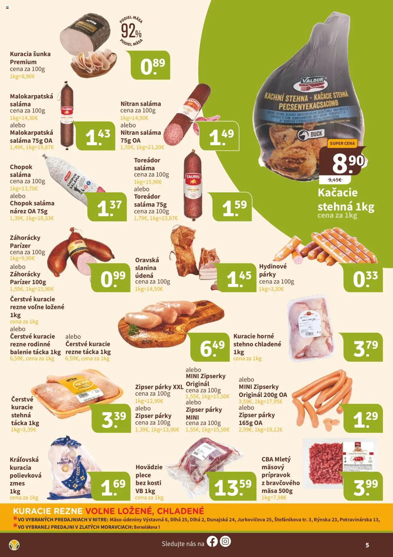 Nové Nitrazdroj akcie – leták je platný od 17.10.2025 | Strana: 5 | Produkty: Slanina, Kačacie stehná, Kuracie rezne, Párky