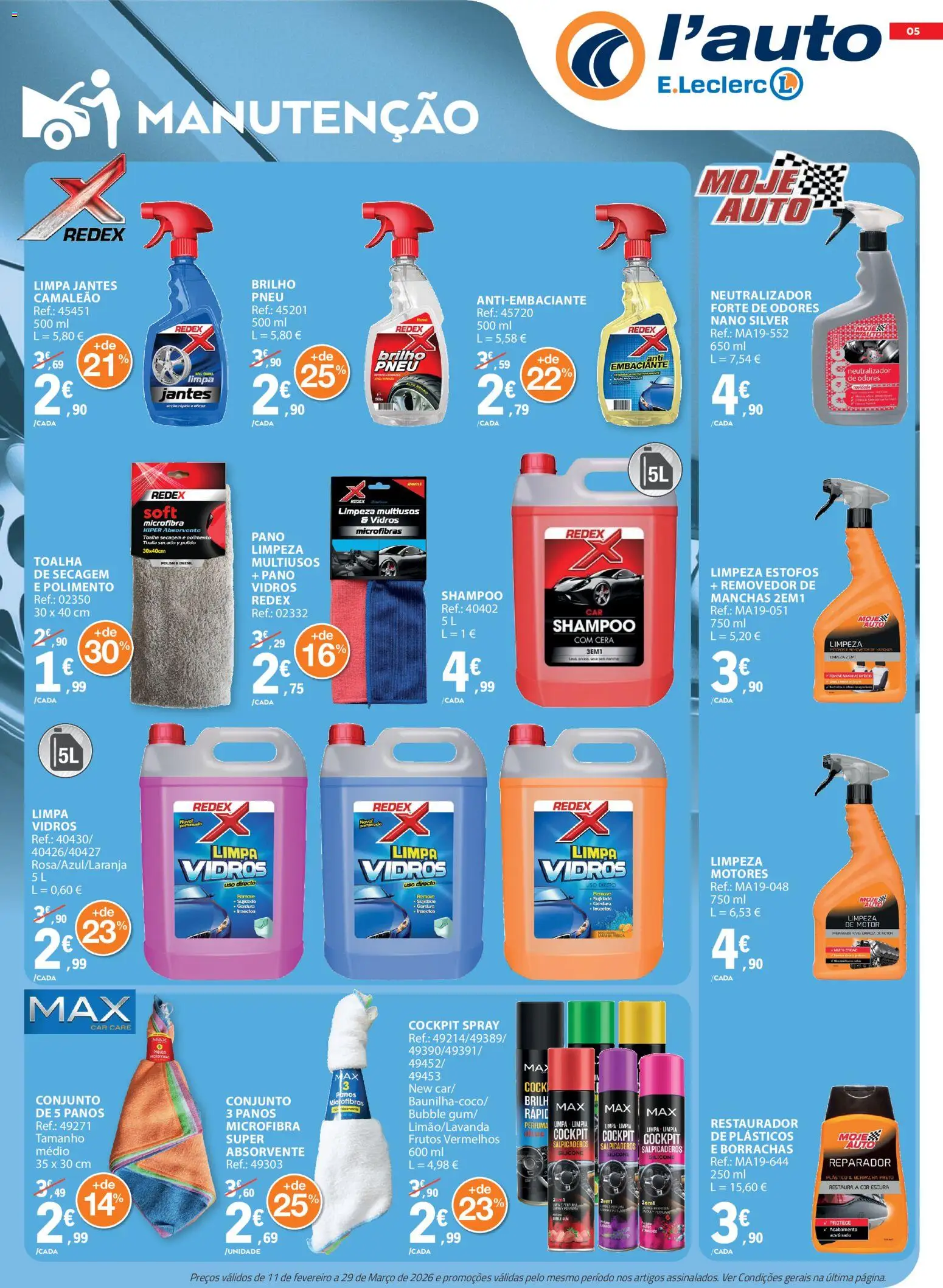 E.Leclerc folheto Auto │ válido de 11.02.2026 | Página: 5 | Produtos: Shampoo, Cera, Limpa vidros, Pneu