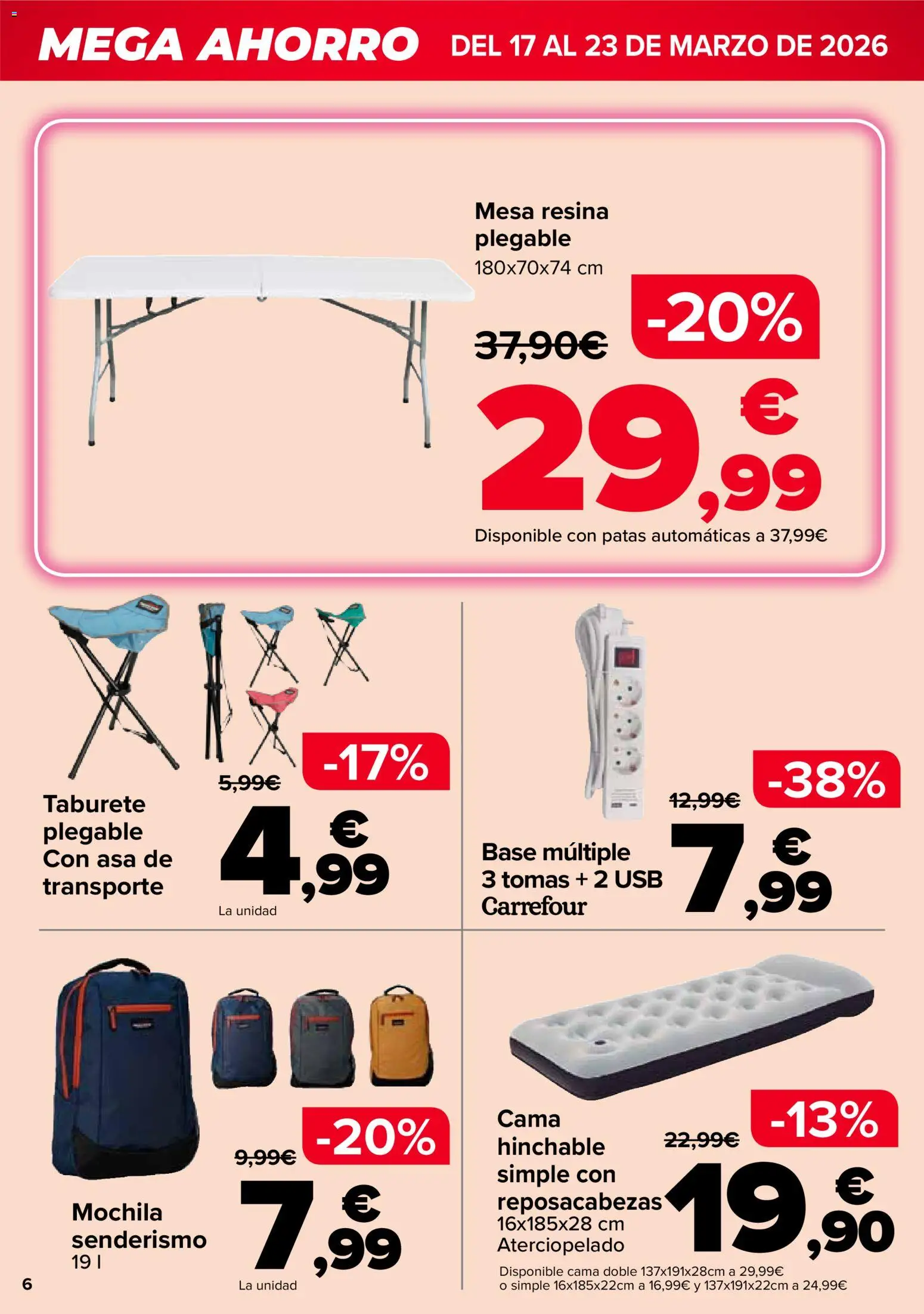 Carrefour Mega Ahorro │ válido desde el 17.03.2026 | Página: 6 | Productos: Taburete, Mochila, Cama, Mesa