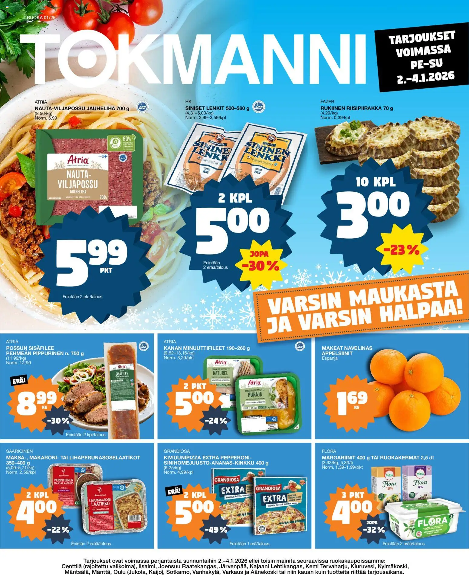 Tokmanni Ruokatarjoukset – voimassa 02.04.2026 alkaen | Sivu: 1 | Tuotteet: Jauheliha, Laatikko, Appelsiinit, Hunaja
