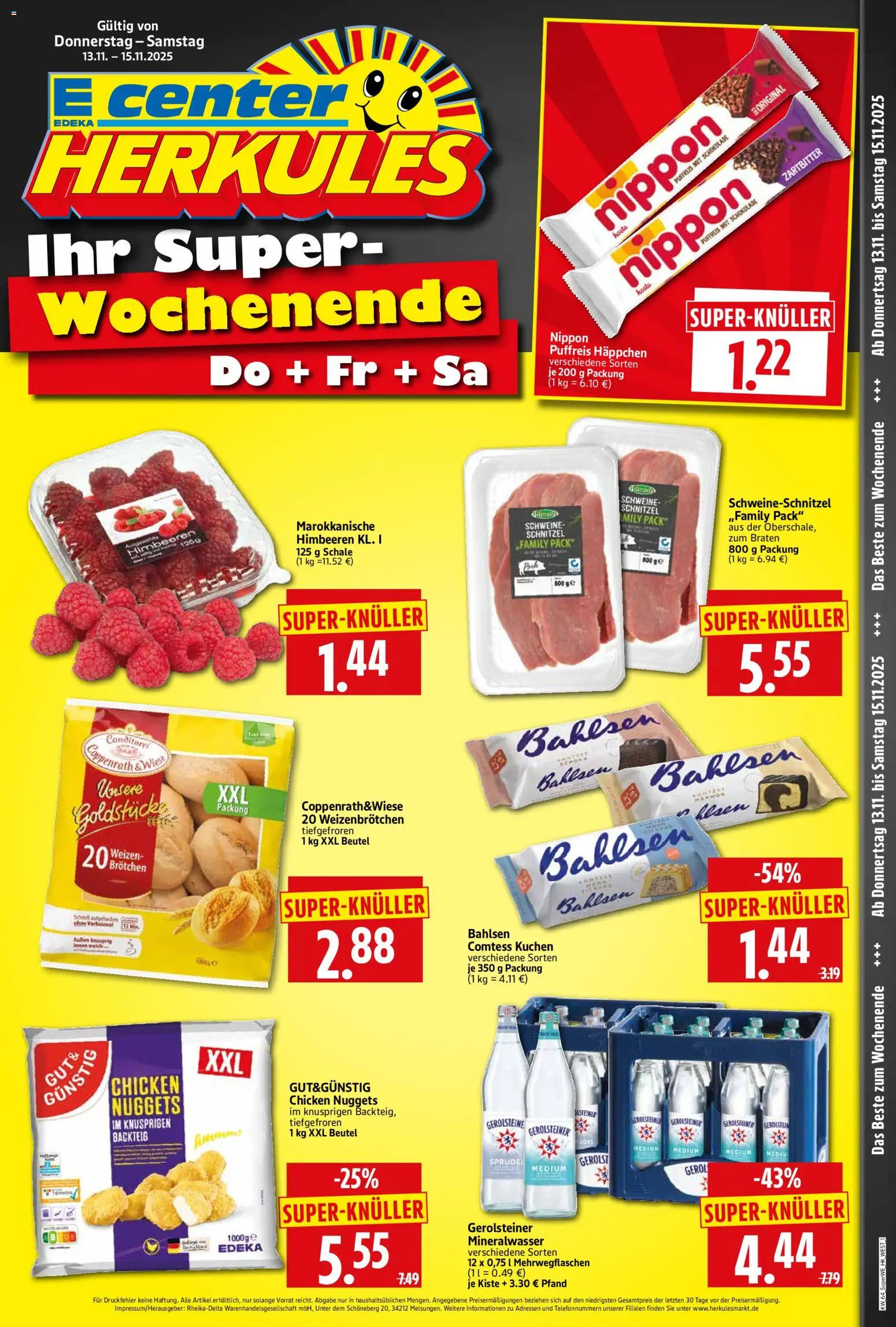 HERKULES  Sonderbeilage – gültig ab 13.11.2025 | Seite: 1 | Produkte: Schnitzel, Mineralwasser, Kuchen, Gerolsteiner
