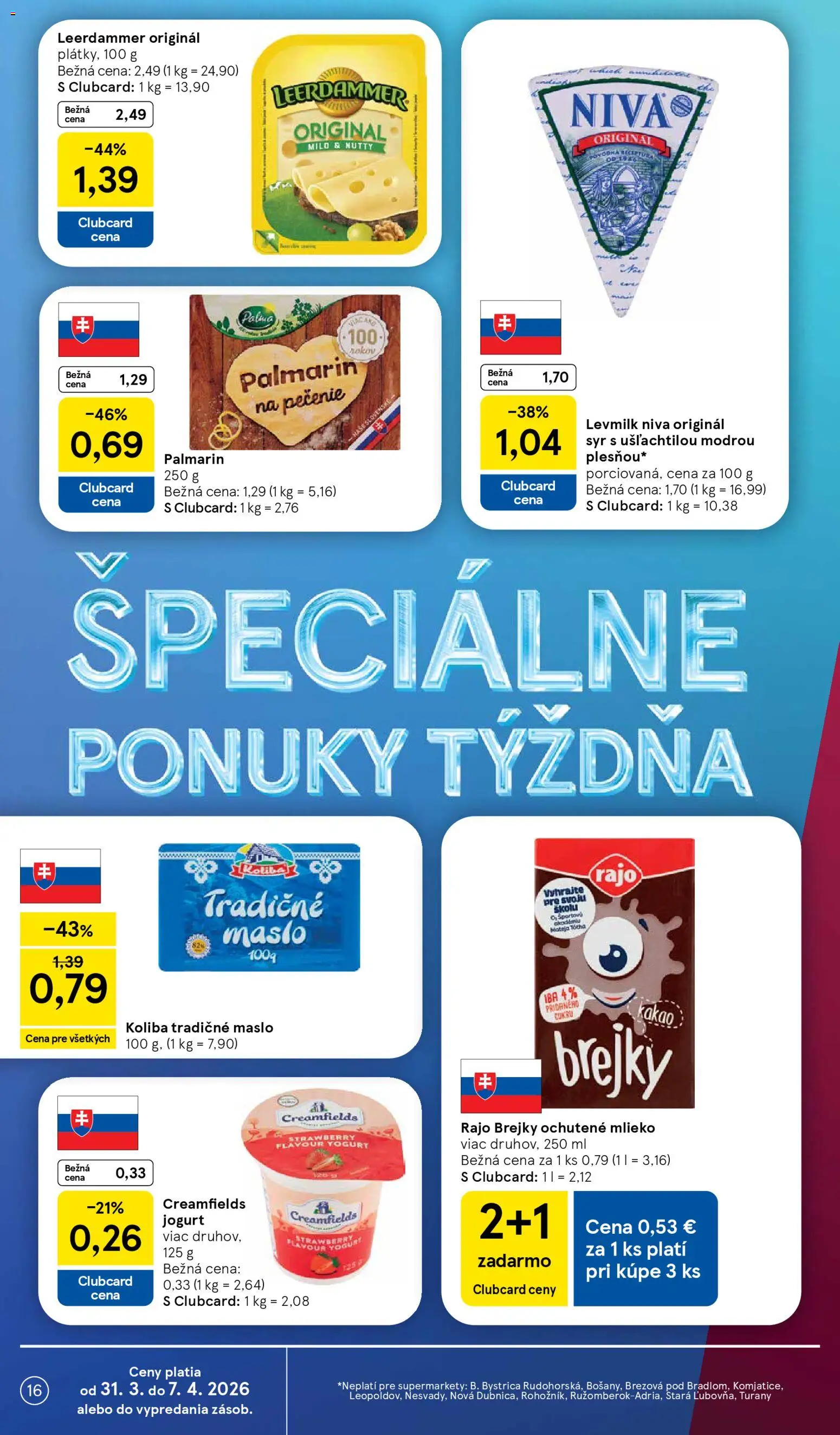 Nové Tesco akcie – leták je platný od 31.03.2026 | Strana: 16 | Produkty: Syr, Jogurt, Palmarin, Kakao