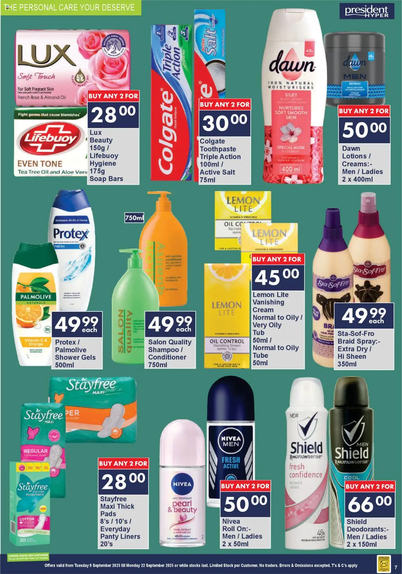 New President Hyper catalogue – valid from 09.09.2025 | Page: 7 | Products: Cream, Soap, Panty liners, Lotion