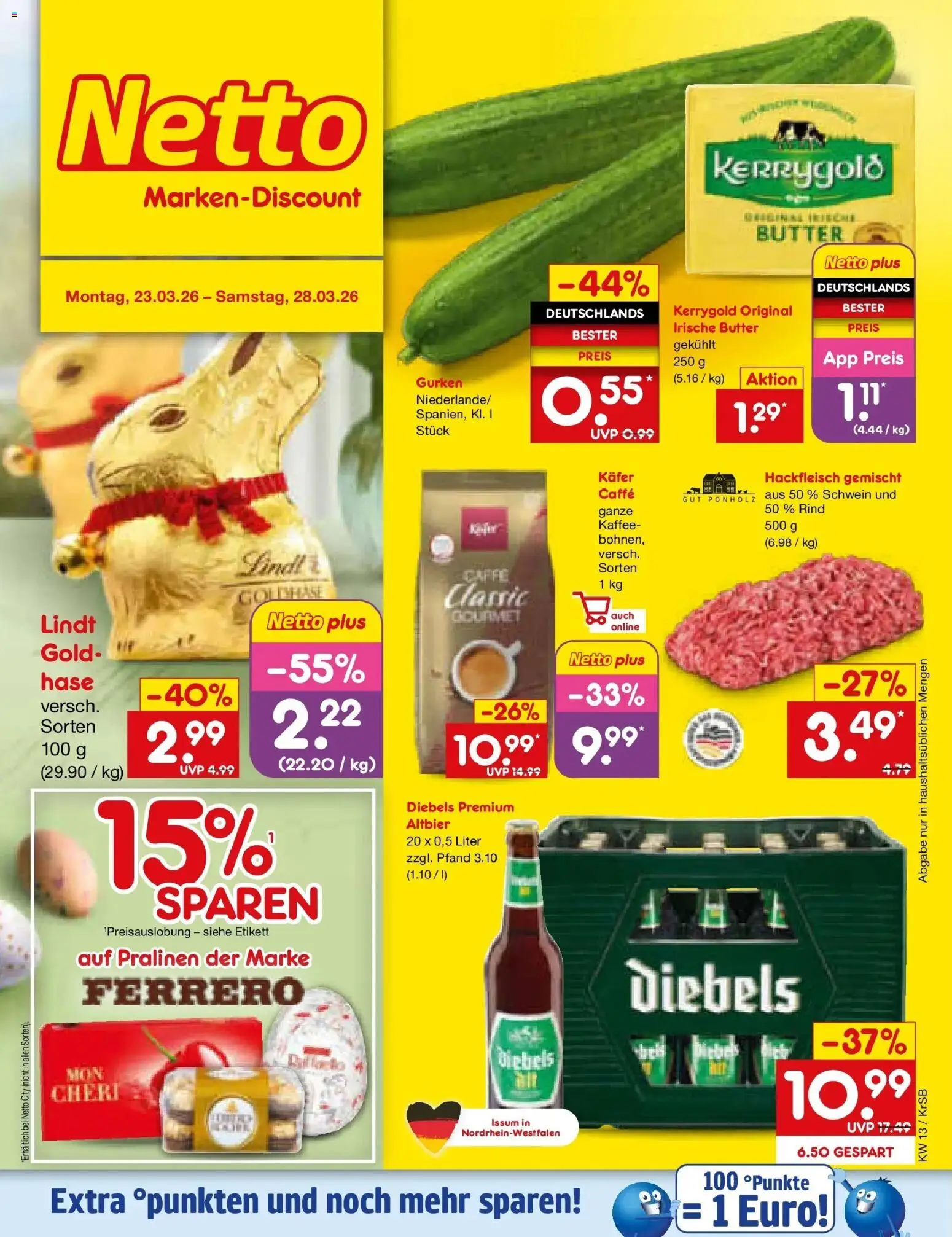 Netto Marken-Discount Prospekt Jüchen	 – gültig ab 23.03.2026 | Seite: 1 | Produkte: Kaffee, Diebels, Lindt, Hackfleisch