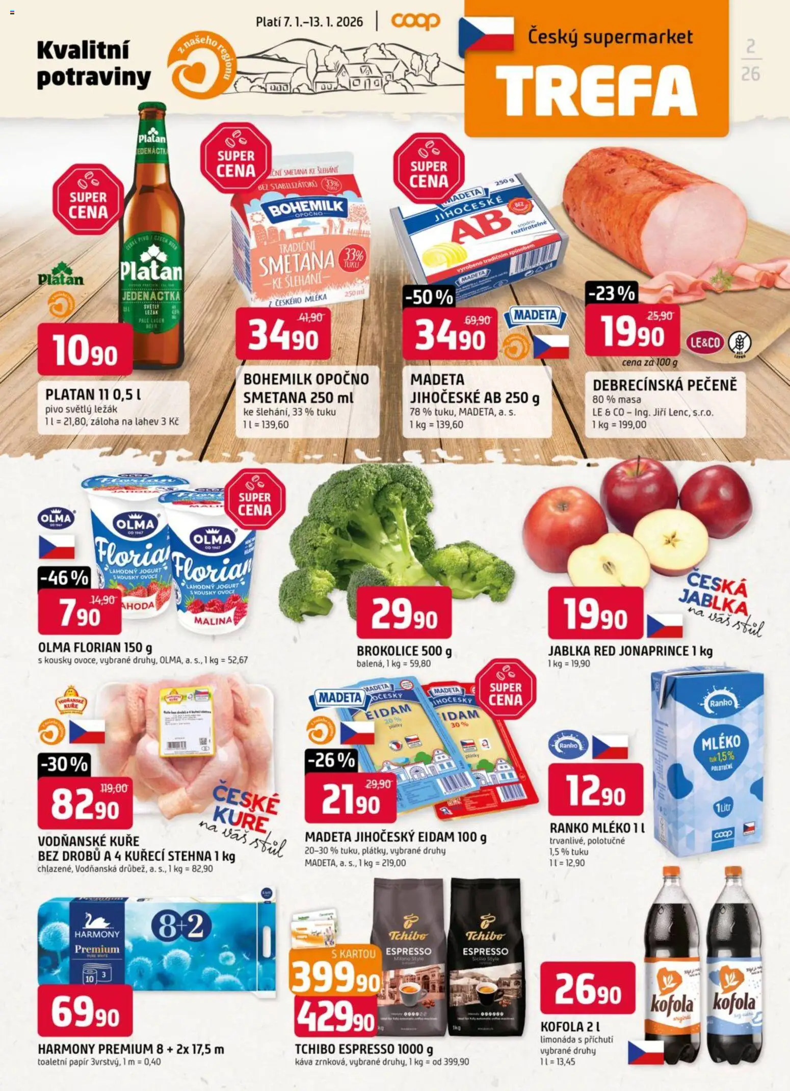 Trefa leták od 07.01.2026 | Strana: 1 | Produkty: Ovoce, Smetana ke šlehání, Potraviny, Láhev