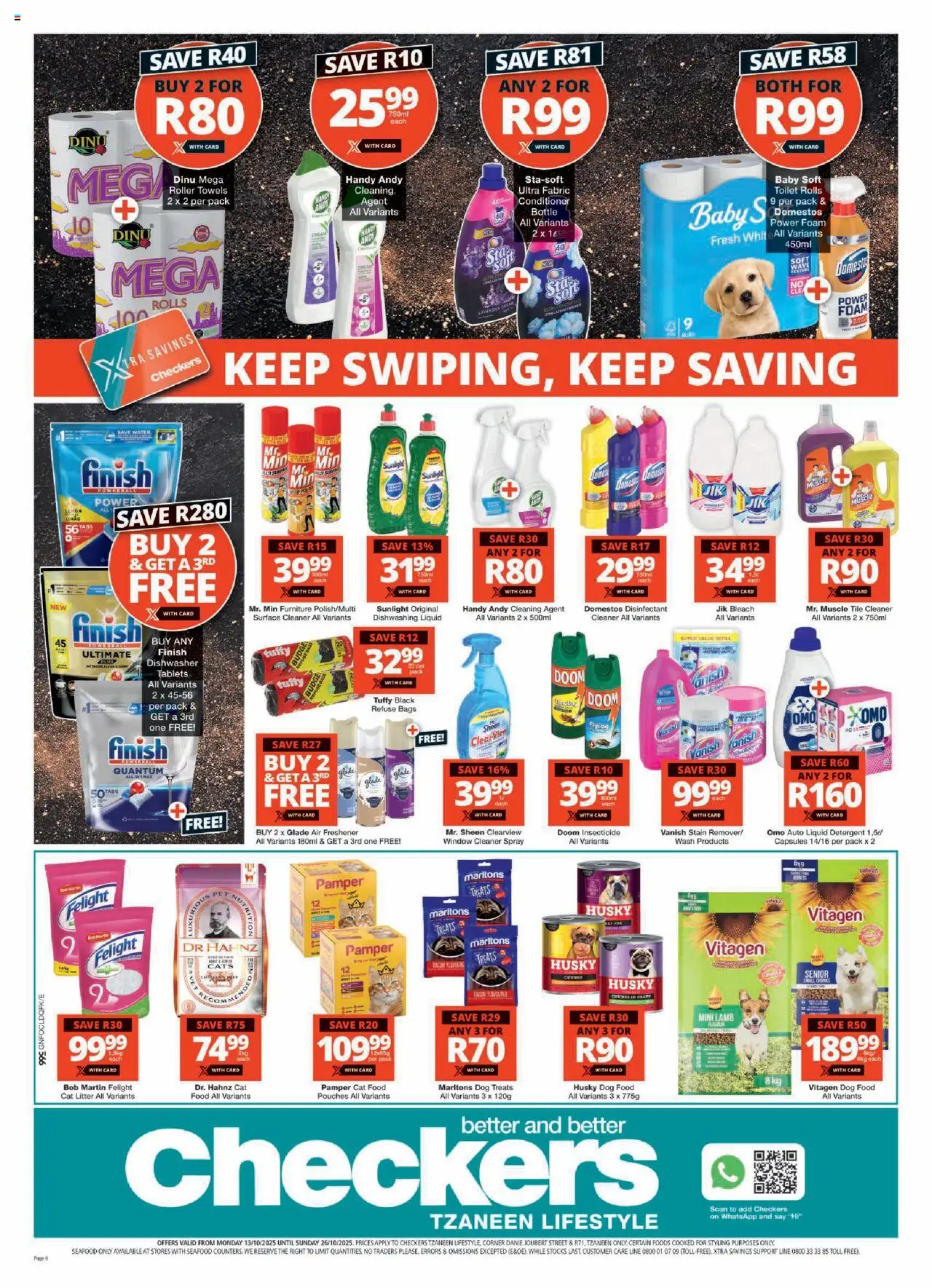 New Checkers catalogue – valid from 13.10.2025 | Page: 8 | Products: Toilet, Conditioner, Refuse bags, Seafood