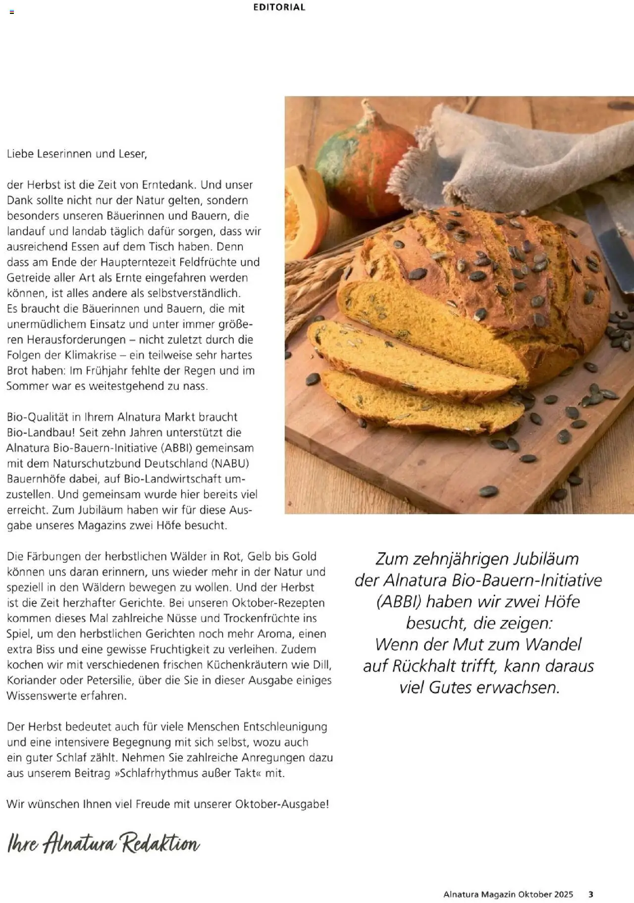Alnatura Prospekt – gültig ab 01.10.2025 | Seite: 3 | Produkte: Tisch, Brot, Getreide, Nüsse