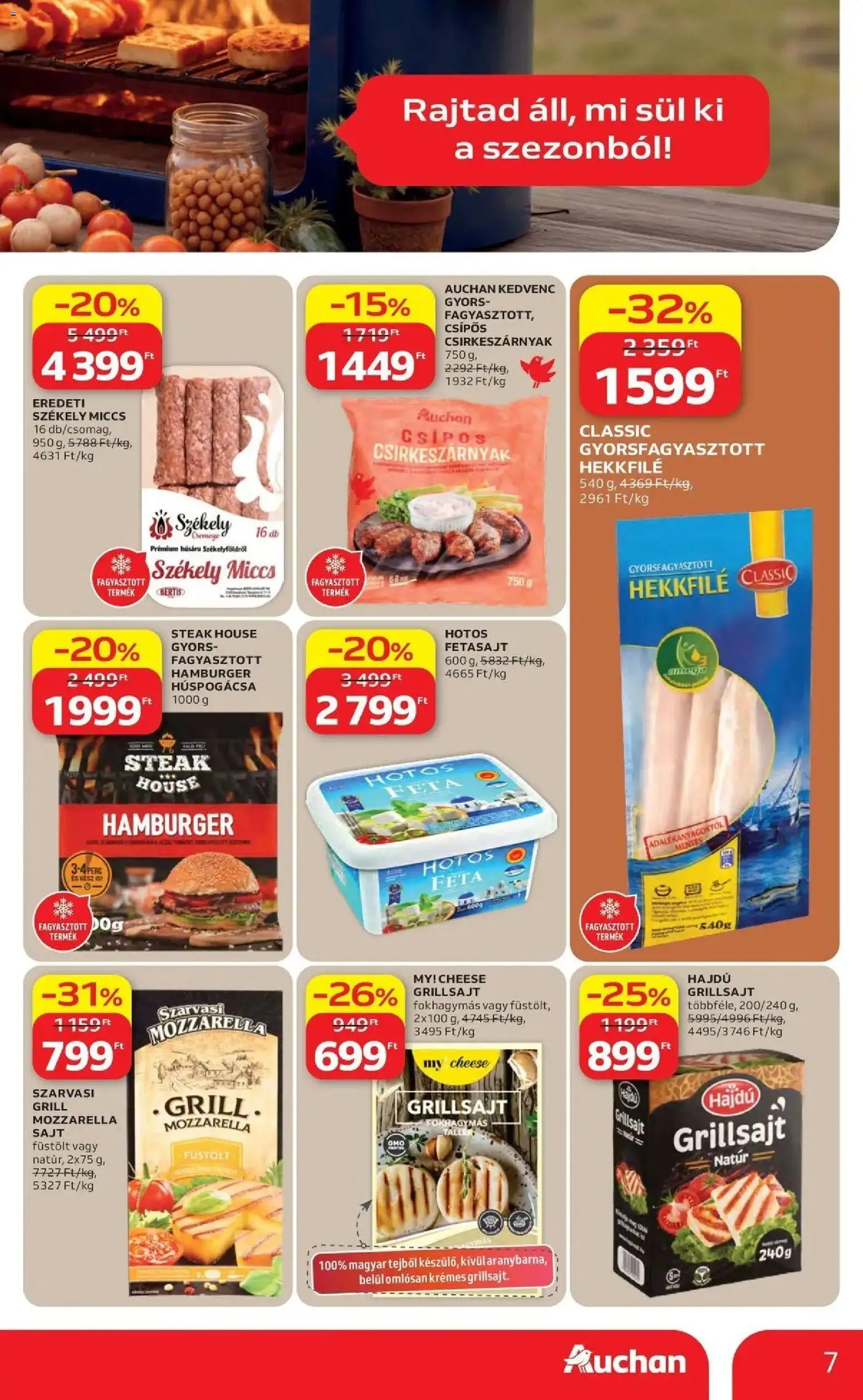 Auchan akciós ujság - amely érvényes a következő dátumtól: 16.04.2026 | Oldal: 7 | Termékek: Mozzarella, Hamburger, Grill, Grillsajt