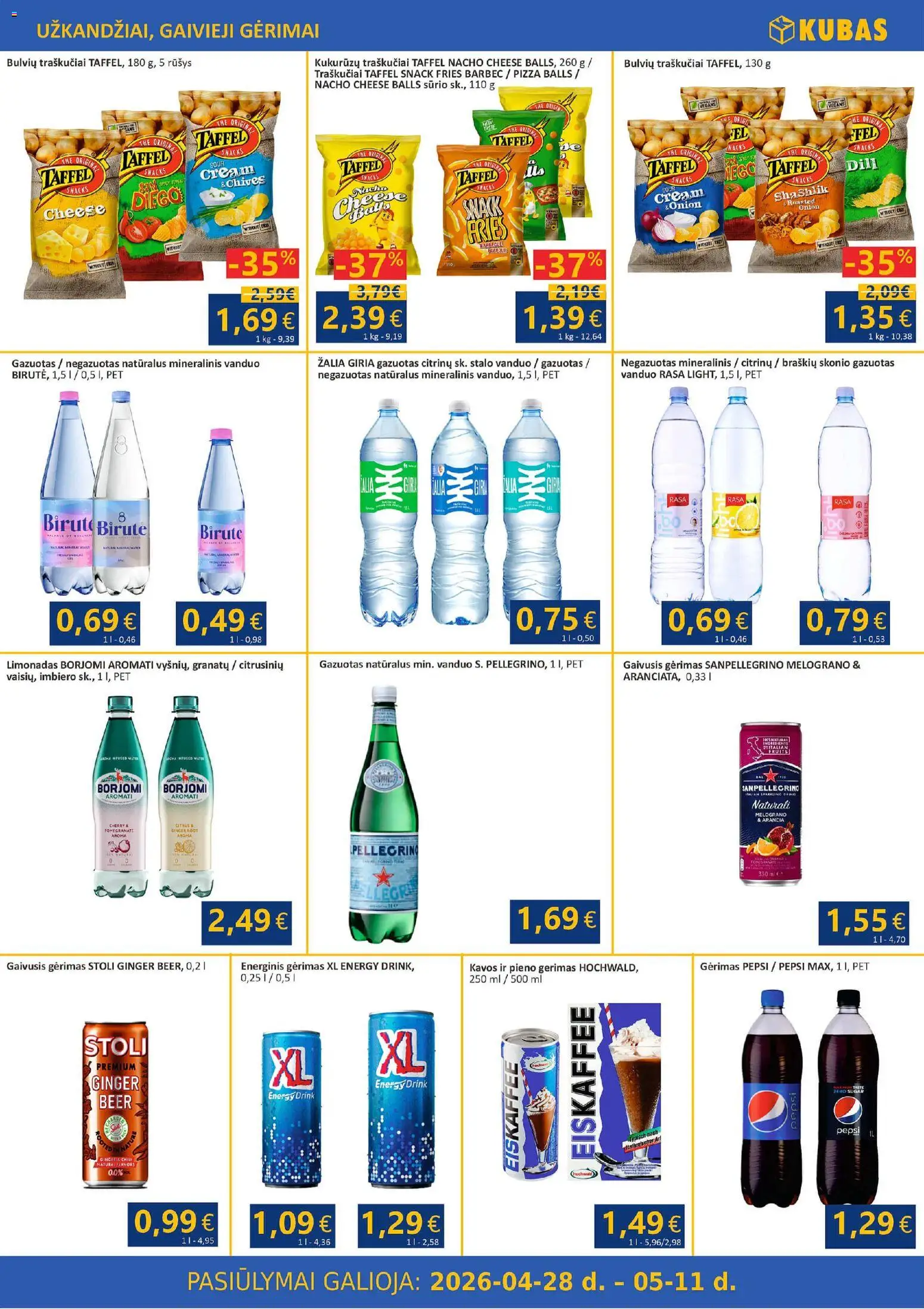 Kubas akcijos nuo 28.04.2026 | Puslapis: 9 | Prekių: Gaivusis gėrimas, Energinis gėrimas, Traškučiai, Mineralinis vanduo