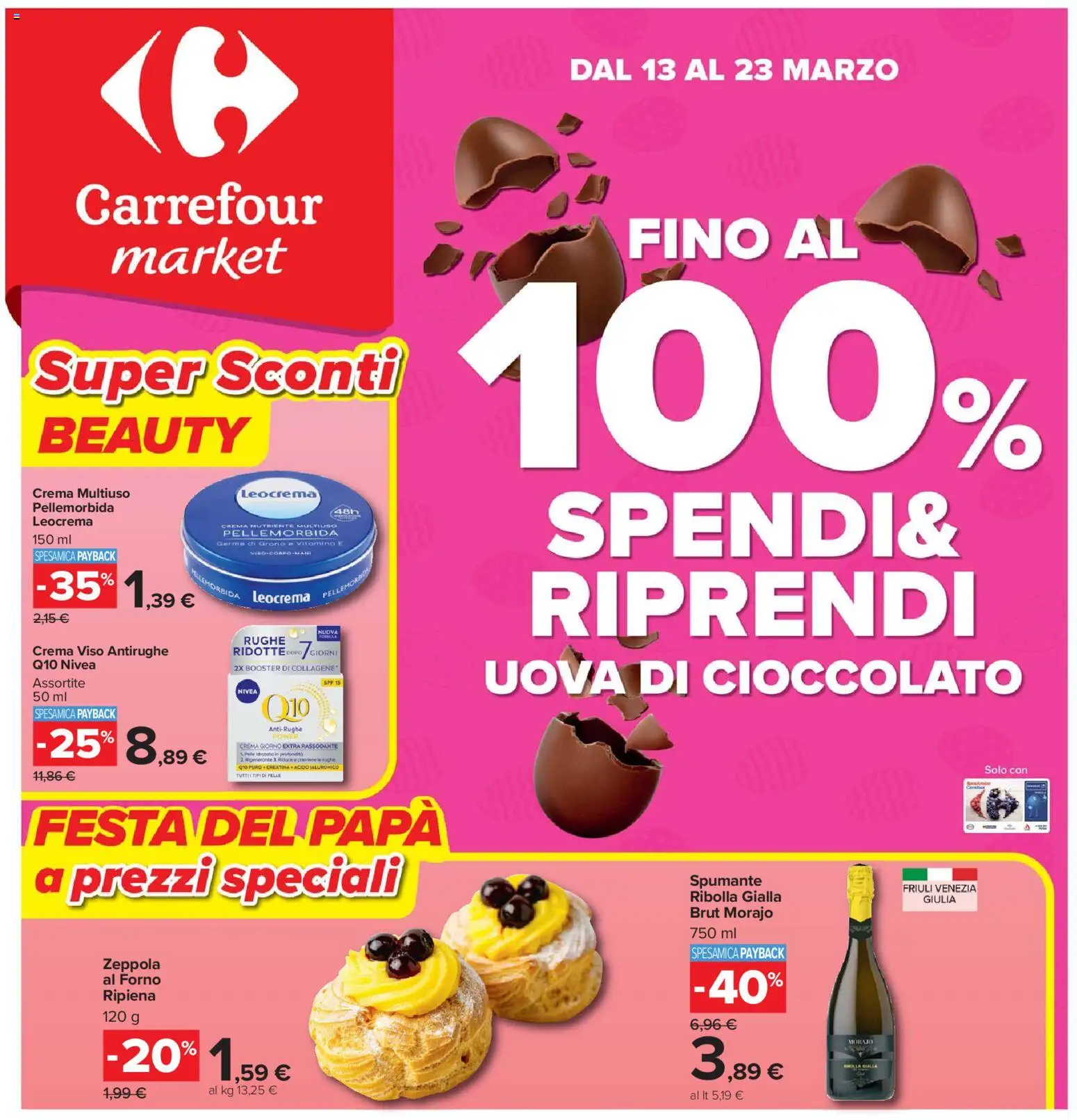 Volantino Carrefour del 13.03.2026 | Pagina: 1 | Prodotti: Crema, Uova, Crema viso, Spumante